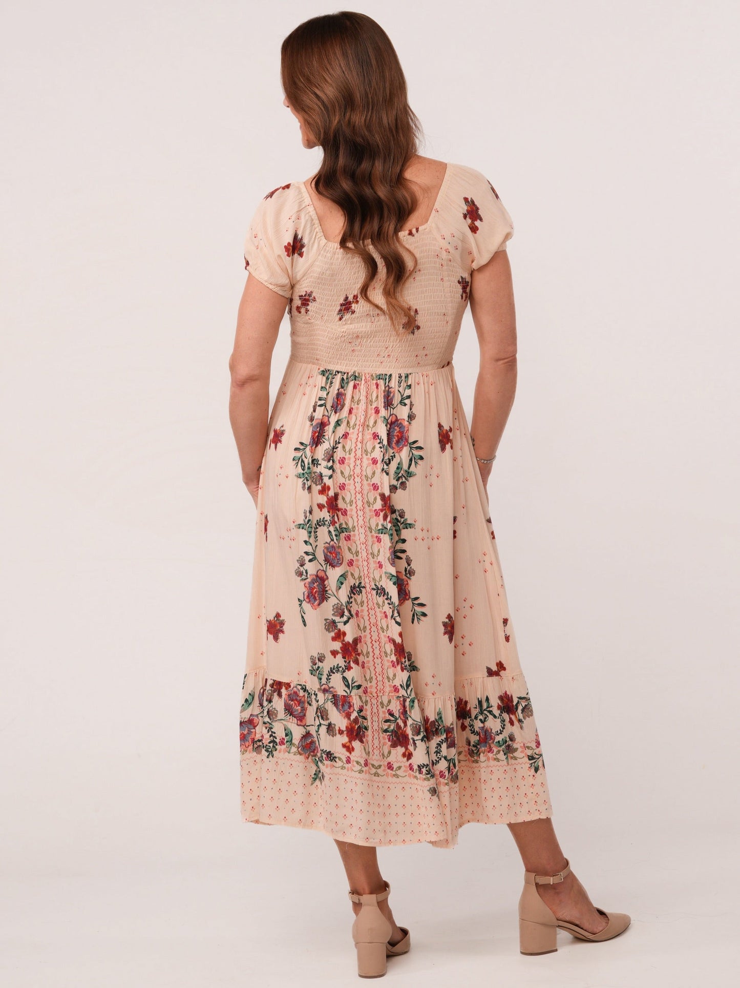 Ivory Floral Smocked Back Maxi Dress