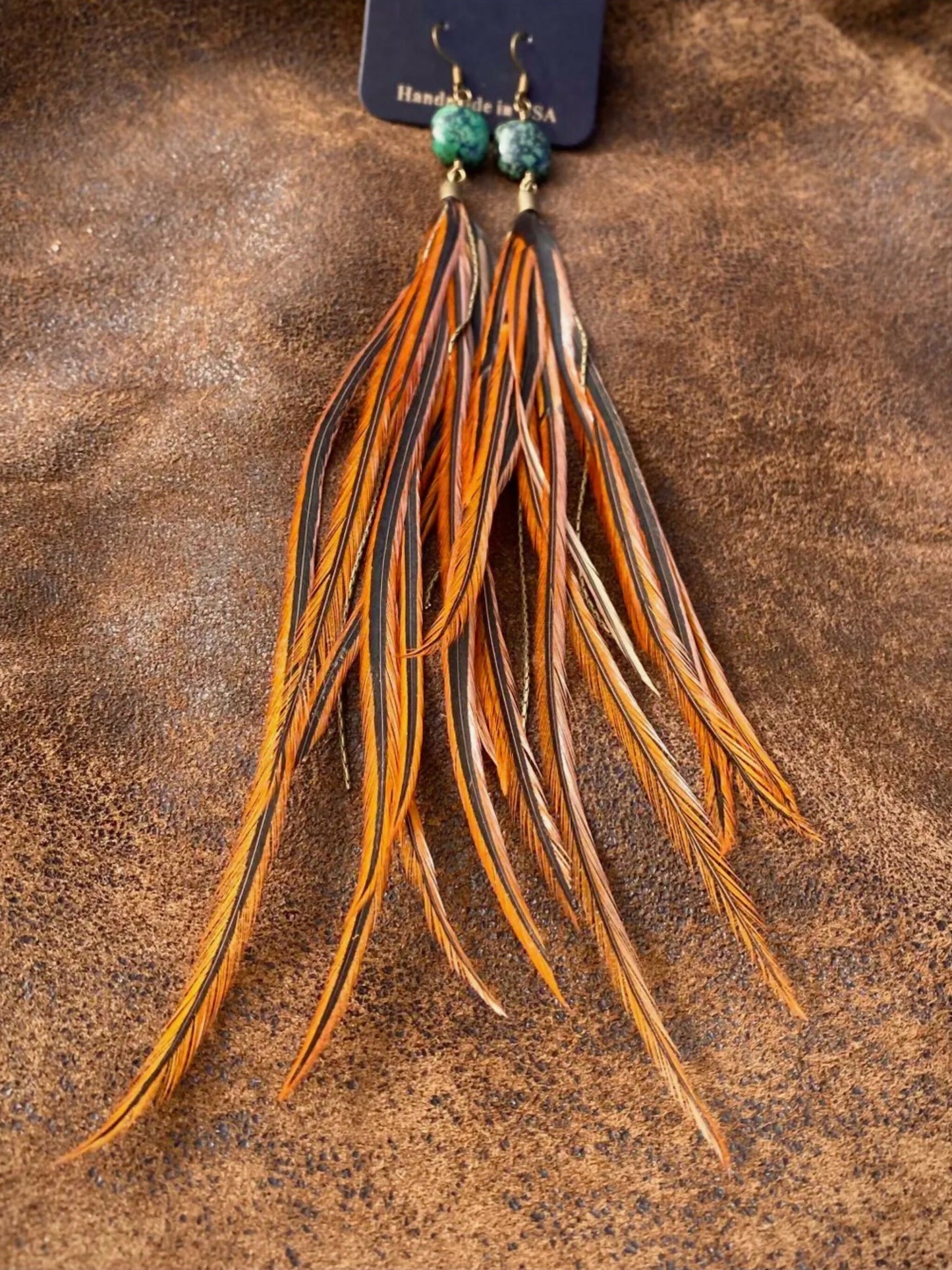 Turquoise Stone & Fawn Long Feather Earrings