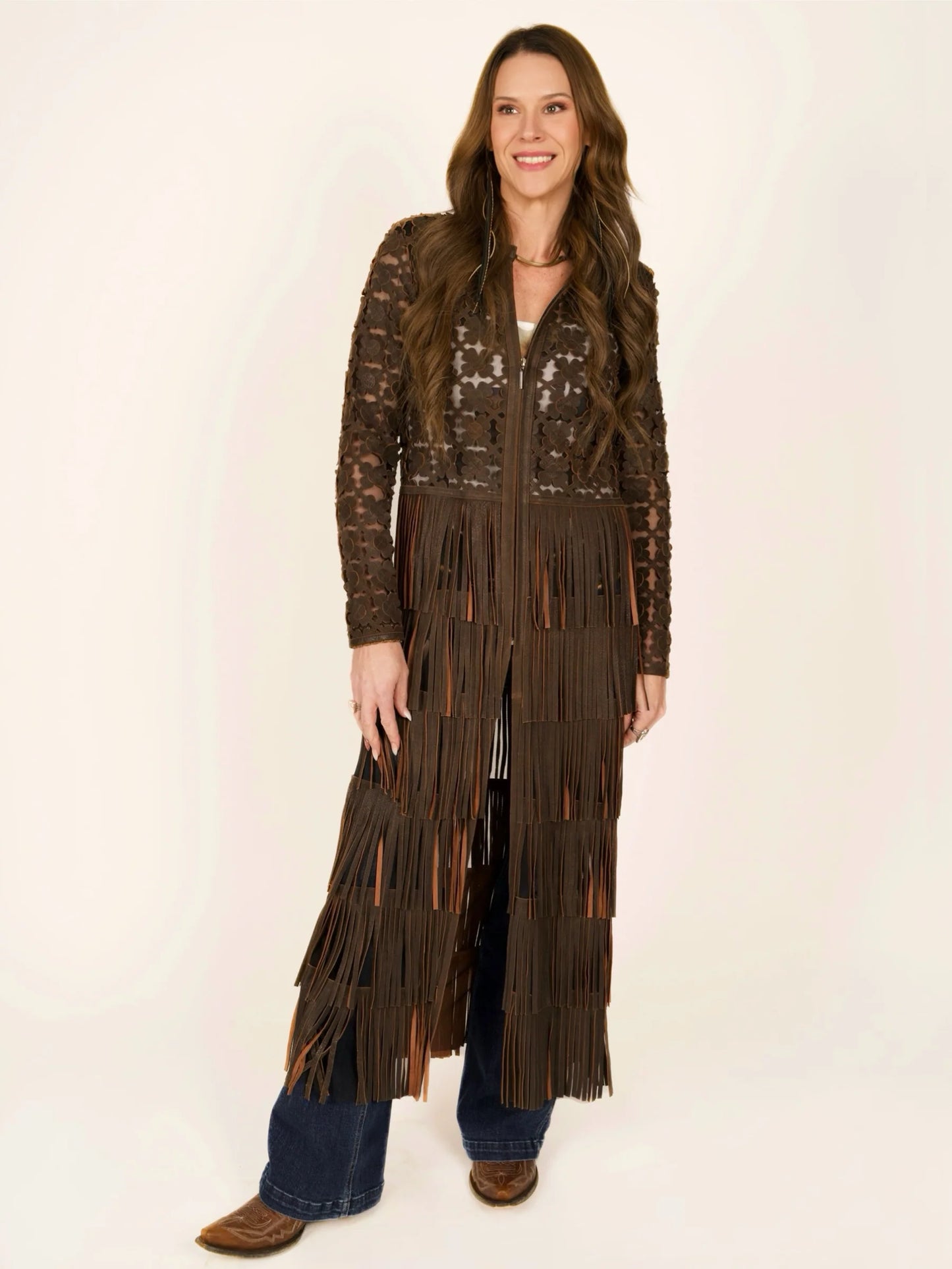 Italian Leather Laser-Cut Fringe Duster Jacket