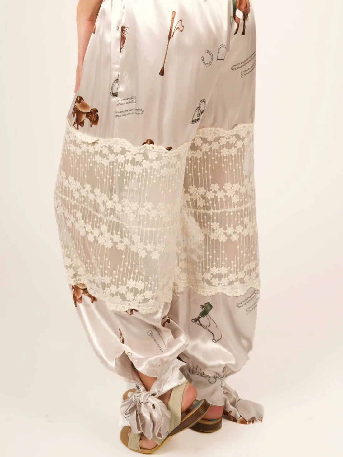 Stretch Satin Equestrian Print Lace-Paneled Balloon Pants