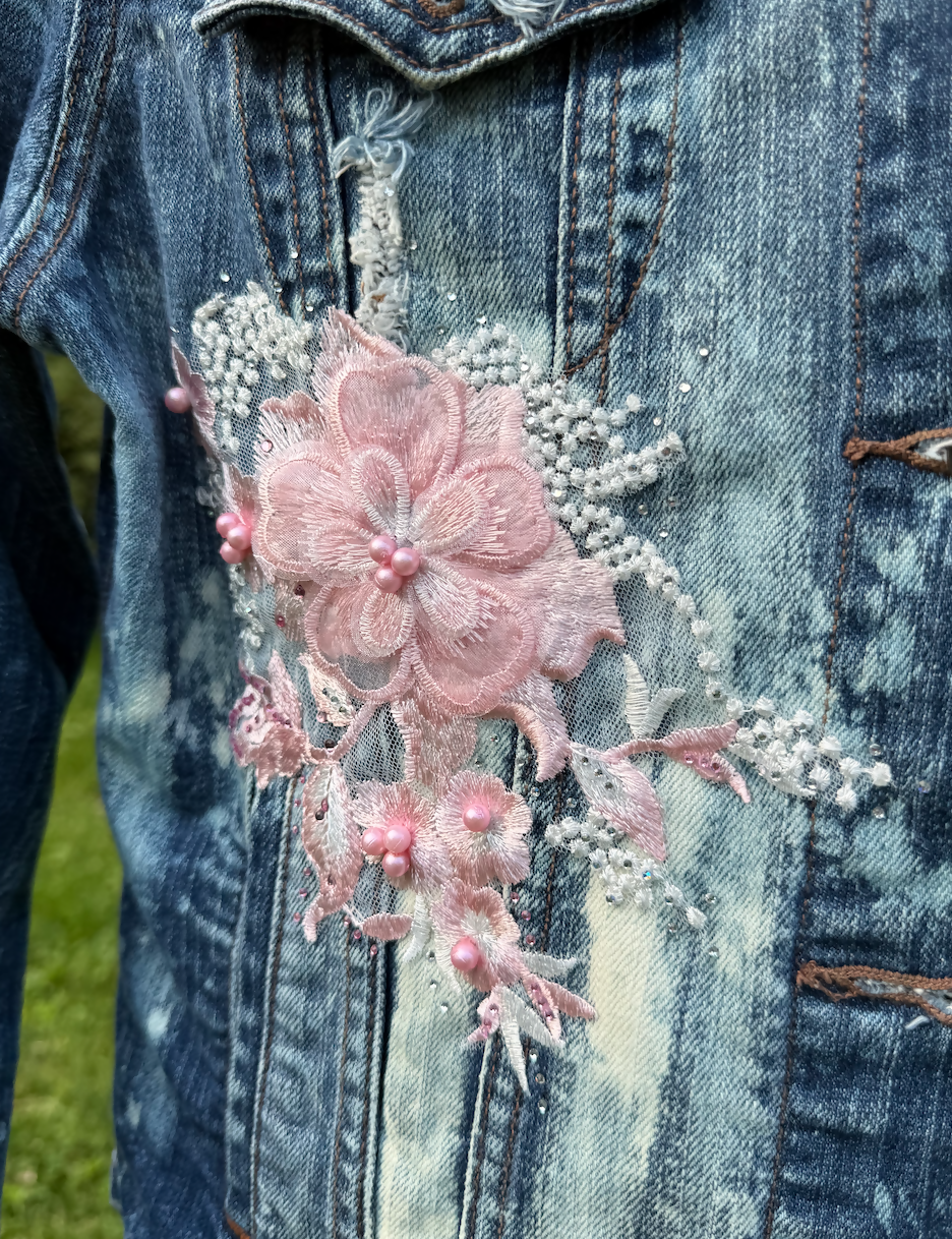 Bleached Embellished Upcycled Denim Jacket Large