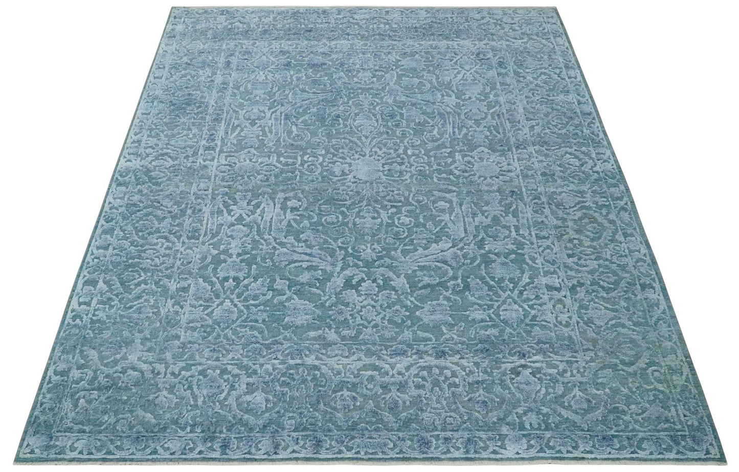 8x9.7 Blue Antique Style, Distressed Finish Hand Carved Traditional Medalian Hand Knotted Wool and Silk Rug