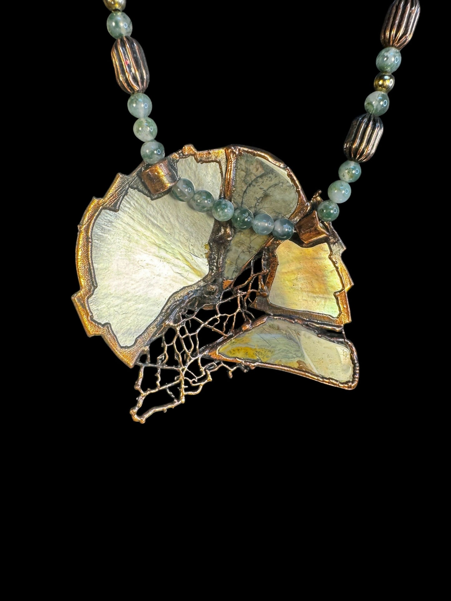 Handcrafted Electroformed Copper Statement Necklace | Moss Agate Beads | Organic Shell Slice Pendant | Artisan One-of-a-Kind 24”