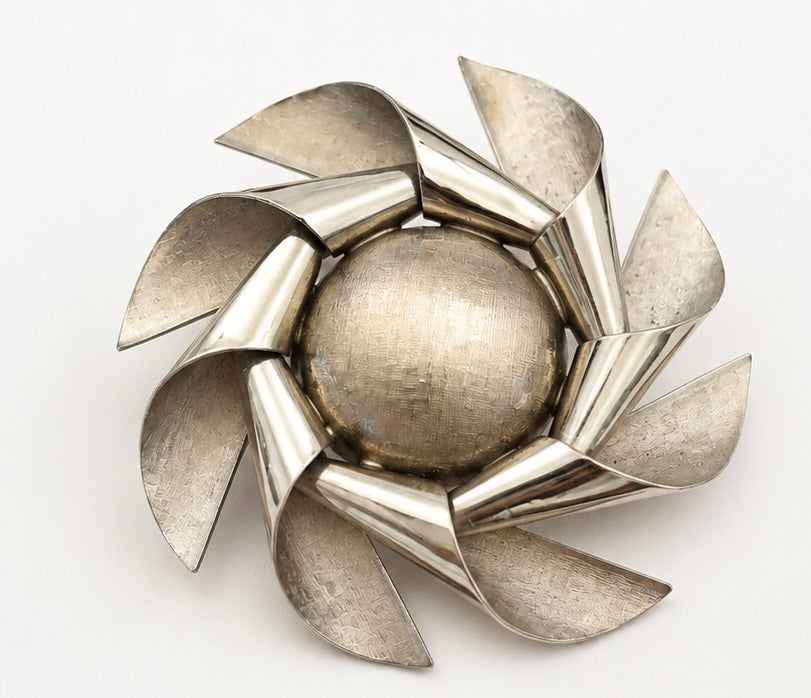 Vintage Silver Tone Modernist Flower Brooch | Mid-Century Sculptural Floral Pin
