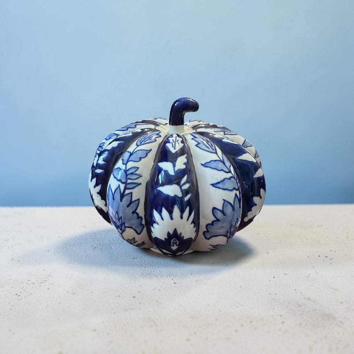 ceramic blue & white pumpkin Chinoiserie floral pattern