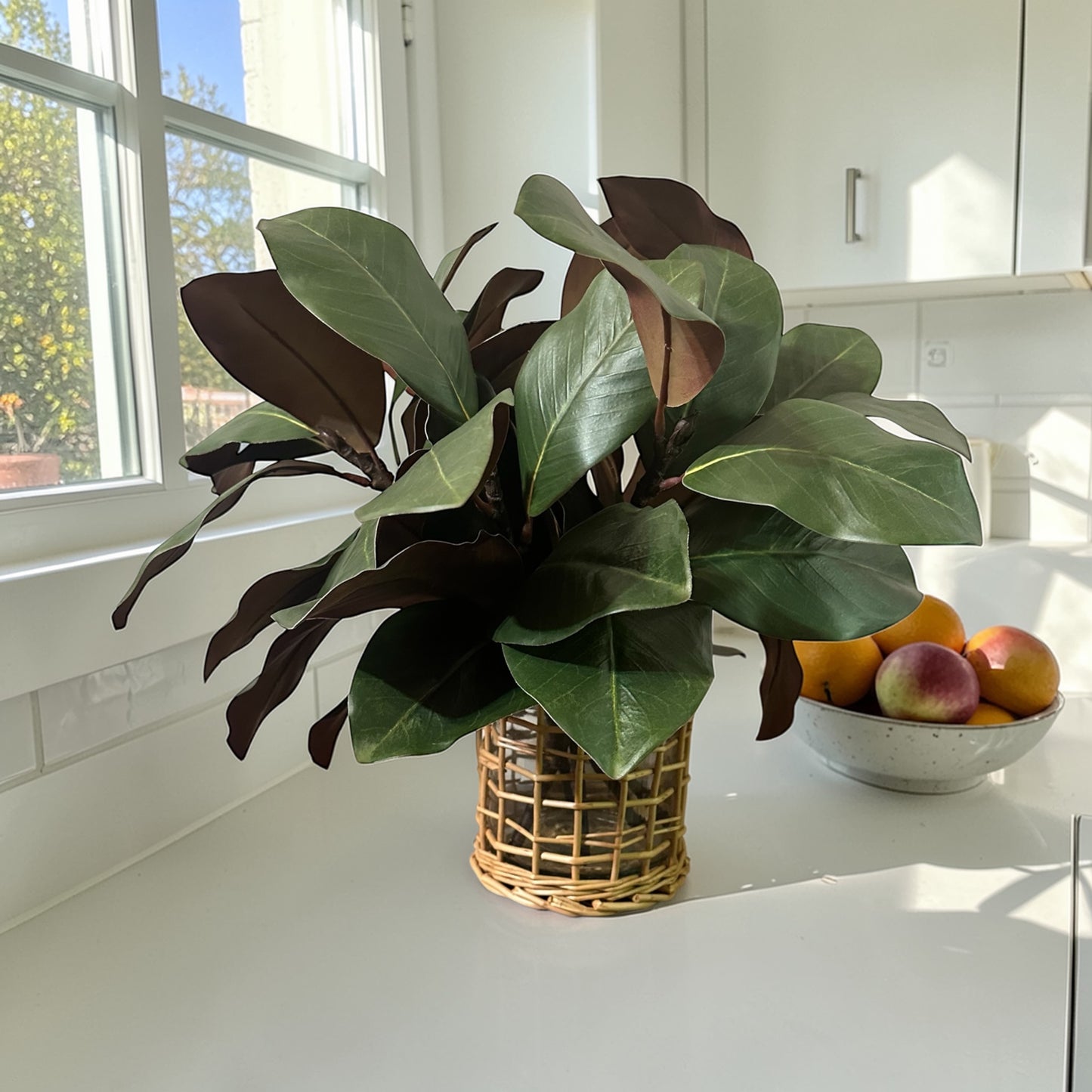 6 Pcs Magnolia Artificial Leaves with Rattan Accented Vase