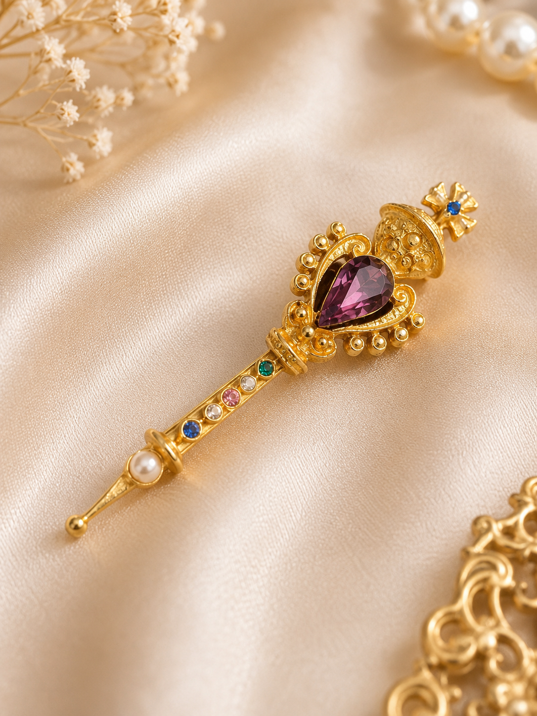 Vintage Victorian Revival Gold Tone Scepter Brooch | Faux Amethyst & Pearl Fantasy Pin