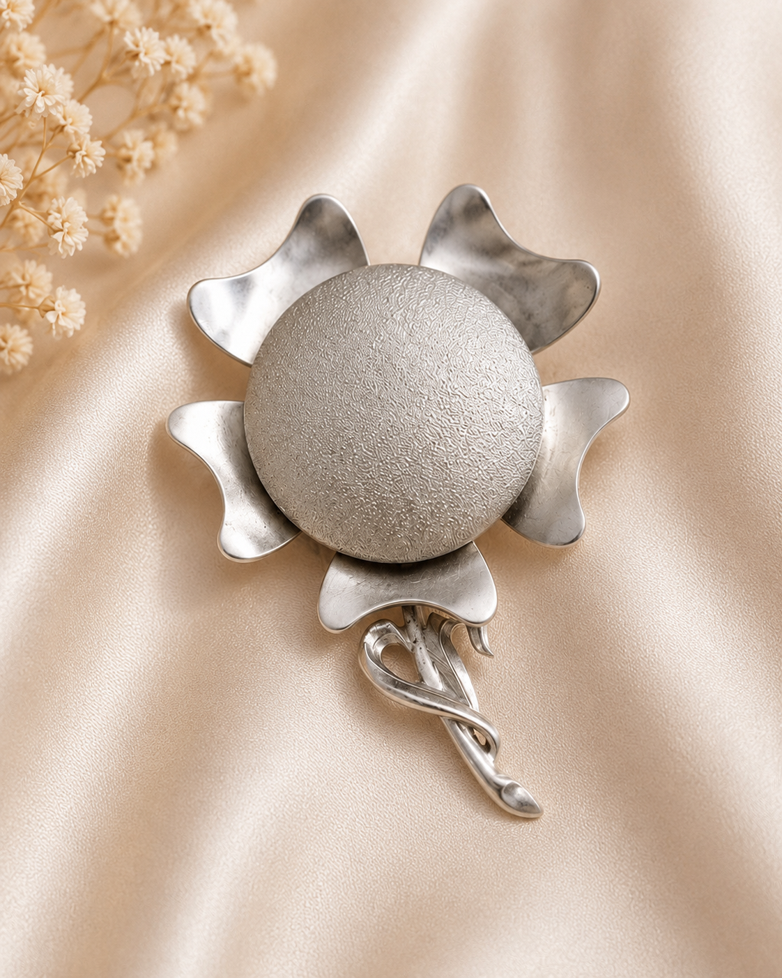 Vintage Mid-Century Modern Silver Tone Flower Brooch