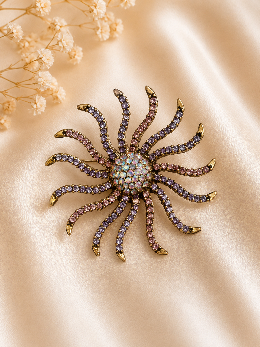 Vintage Purple Rhinestone Sunburst Brooch | Aurora Borealis Celestial Statement Pin
