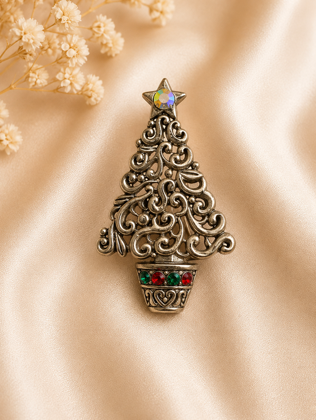 Vintage Christmas Tree Brooch Pendant | Convertible Holiday Pin Necklace | Silver Tone Rhinestone Tree