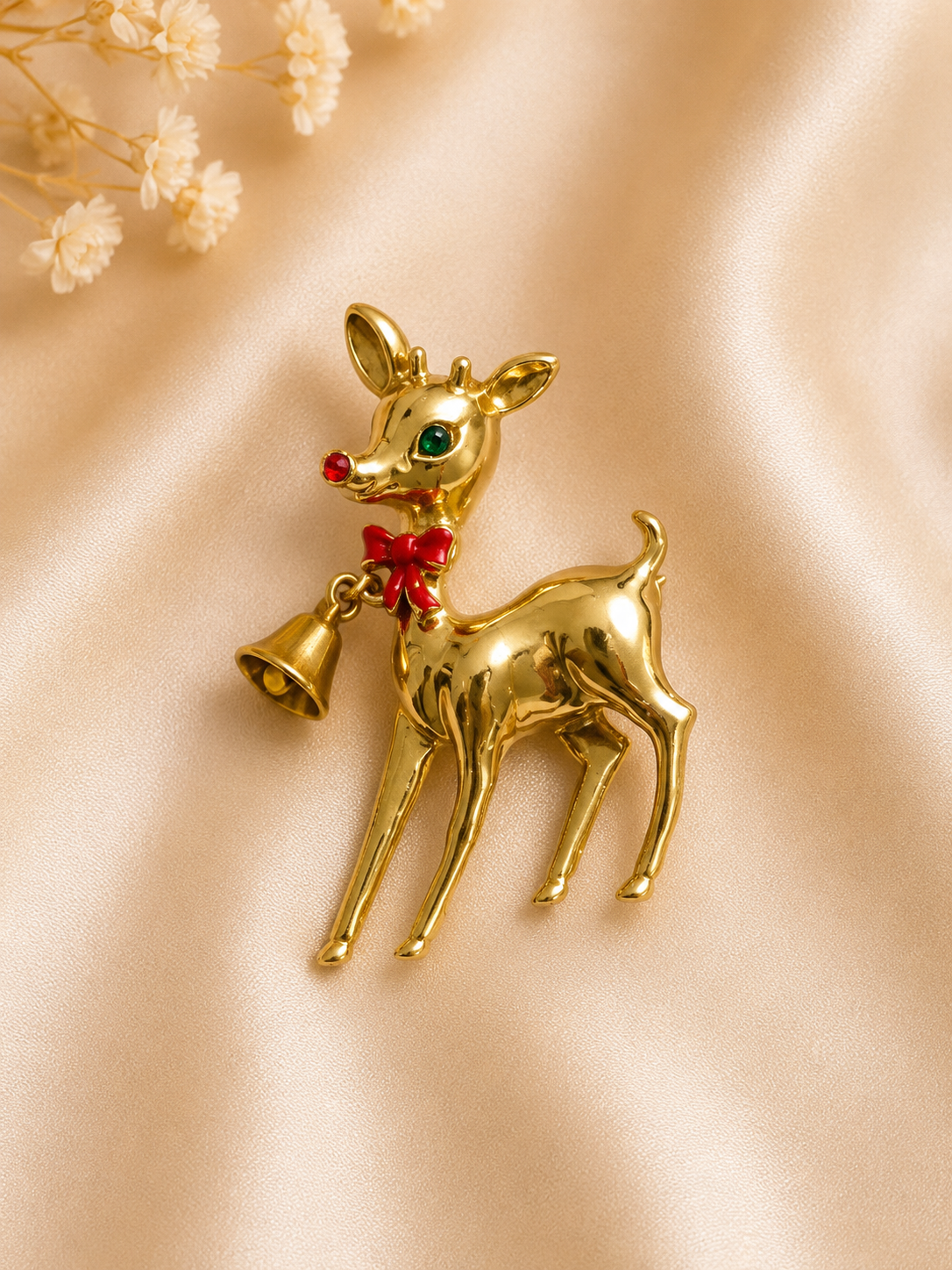 Vintage Gold Tone Rudolph Reindeer Brooch with Bell & Red Bow | Christmas Holiday Pin