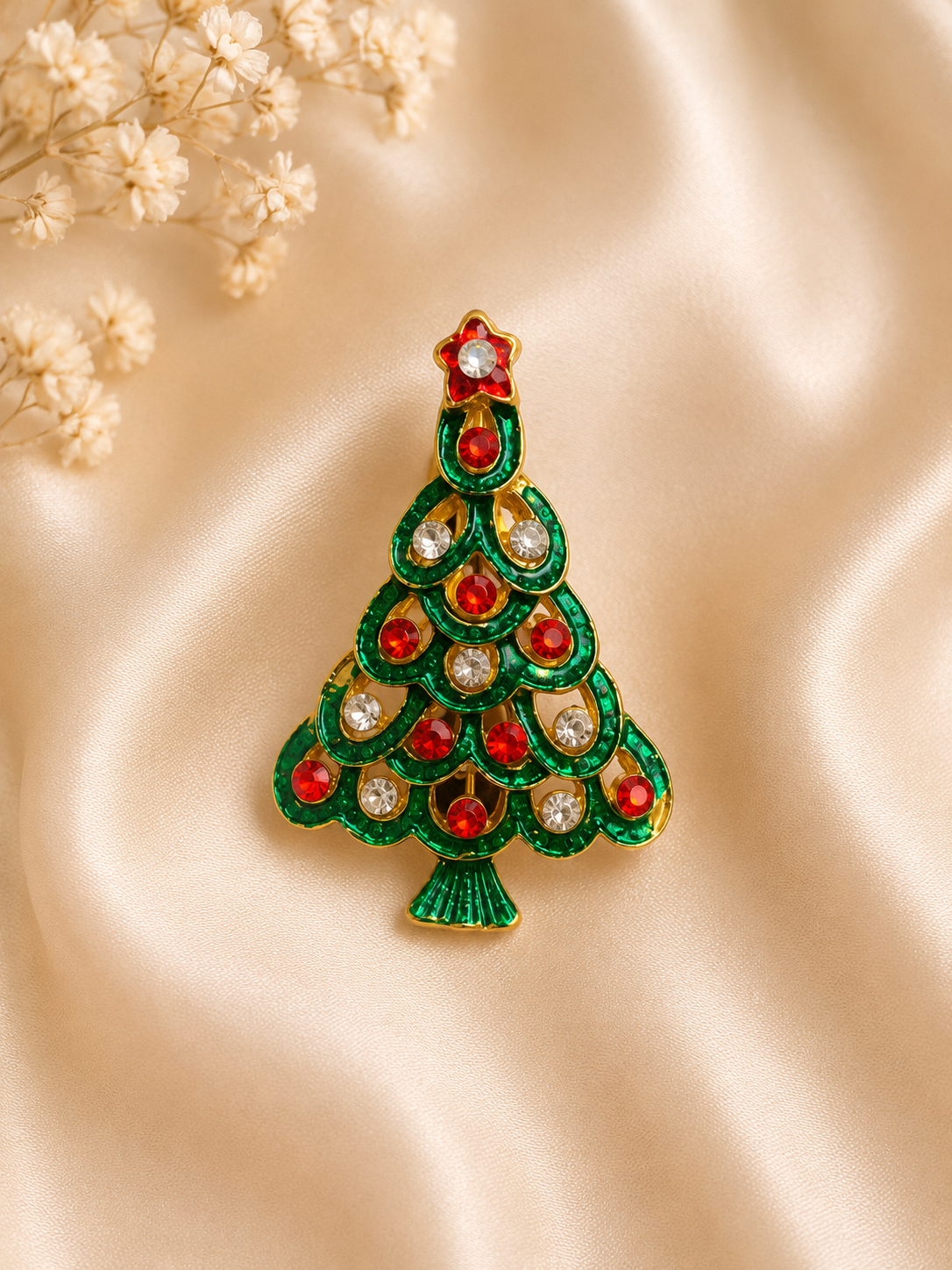 Vintage Green Enamel Christmas Tree Brooch | Red & Clear Rhinestone Holiday Pin | Unsigned