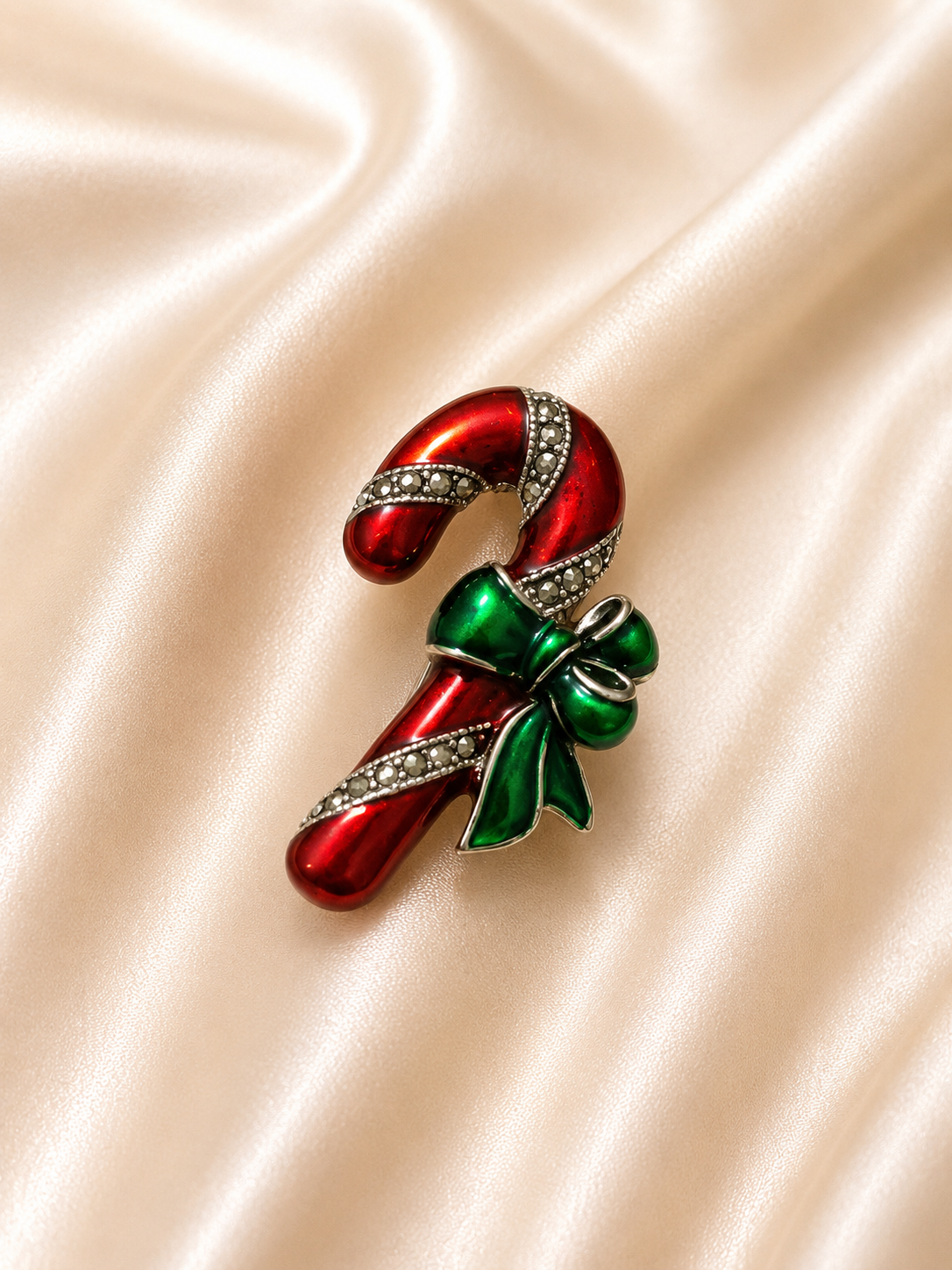 Vintage Red Enamel Candy Cane Christmas Brooch with Green Bow & Crystal Accents