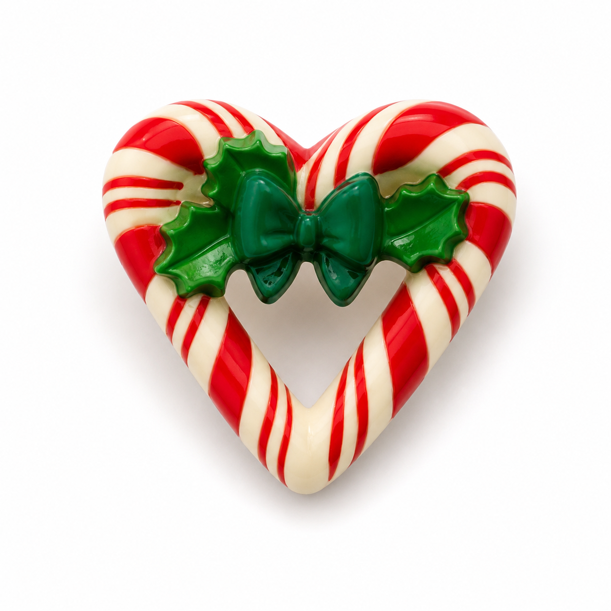 Vintage Candy Cane Heart Brooch – Red & White Peppermint Stripe with Holly Bow
