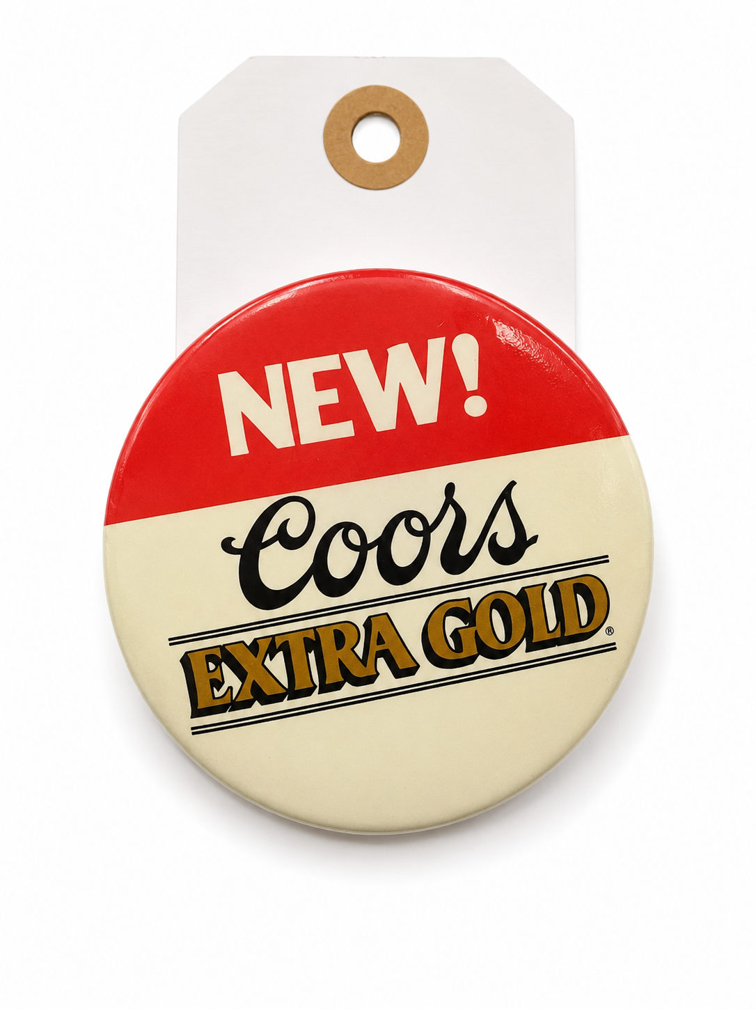 Vintage Coors Extra Gold “NEW!” Advertising Button Pin – Brewery Beer Promo Collectible