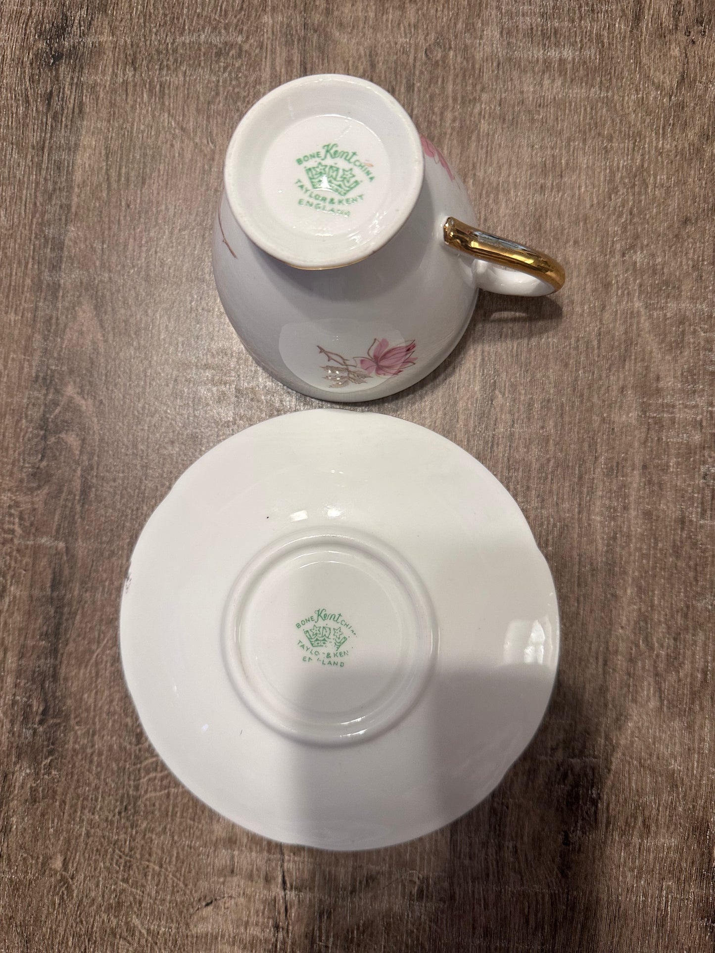 Vintage England Taylor & Kent Bone China Cup & Saucer Pink Flowers