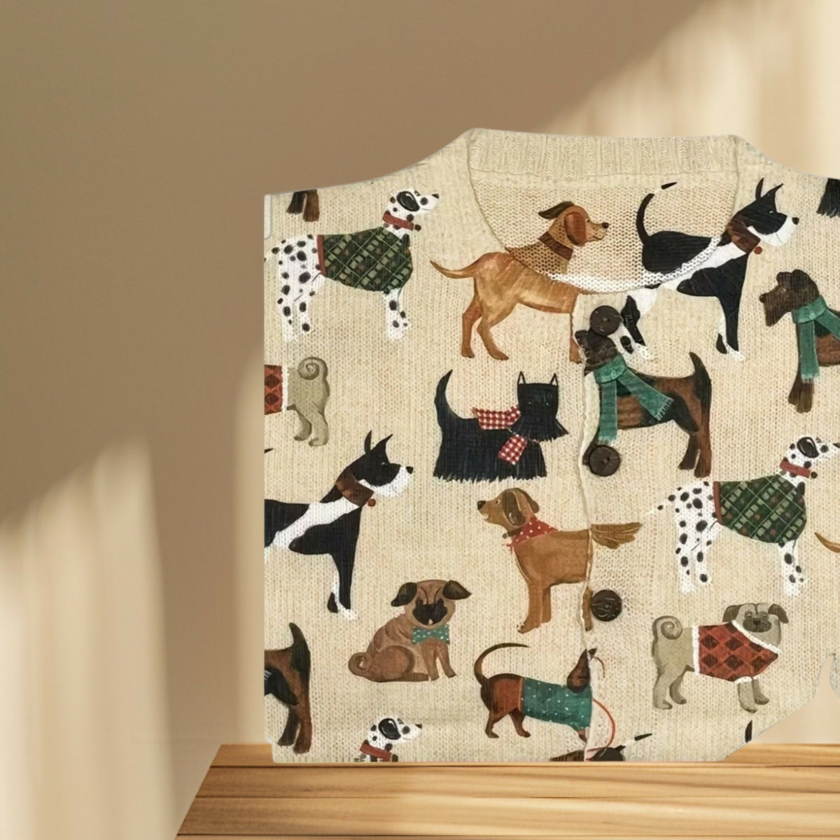 Anytime Crystals Tan Dog Breed Print Long Sleeve Cardigan Sweater