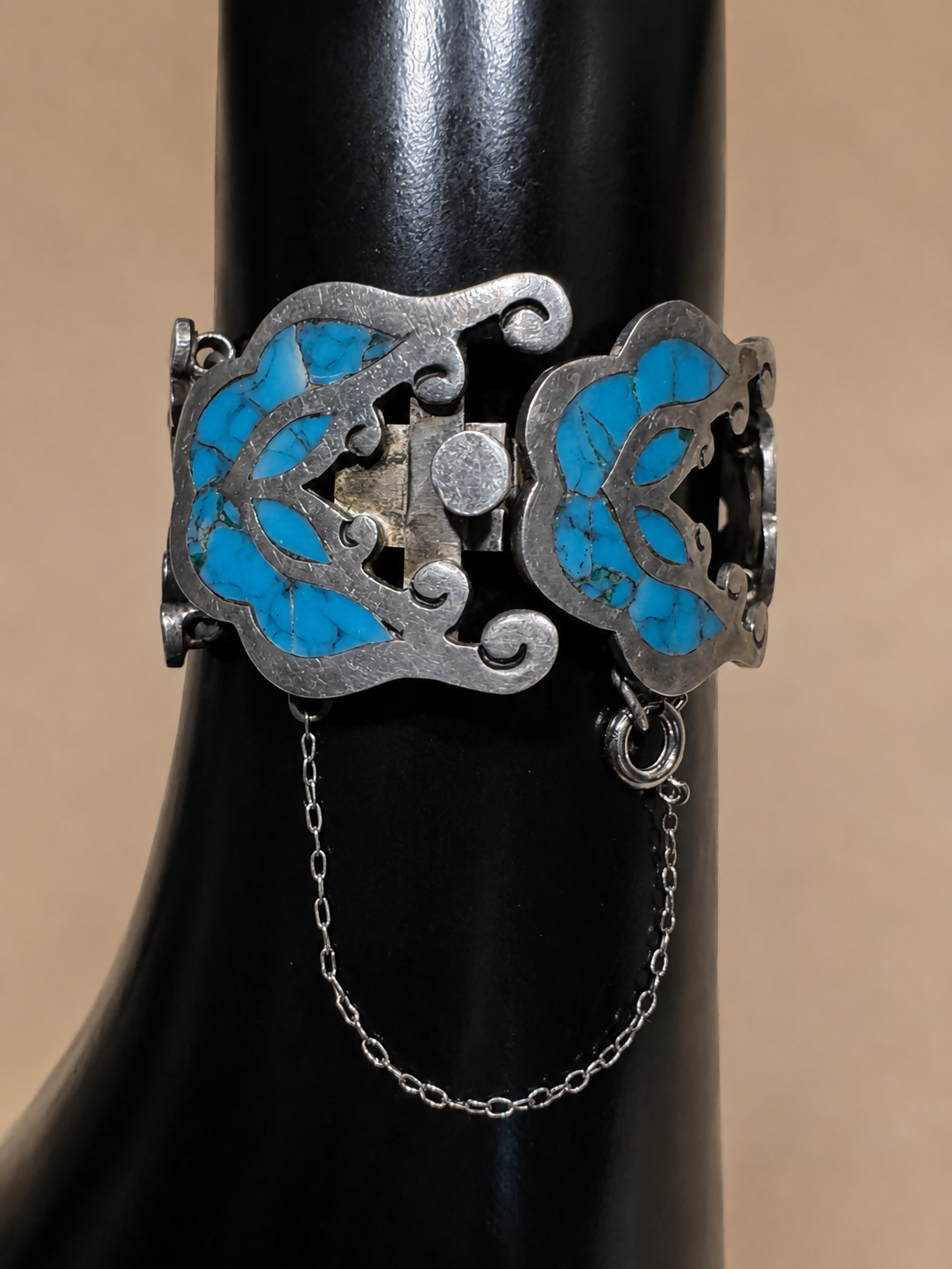 Vintage Sterling Silver Turquoise Mosaic Panel Bracelet 6.25”