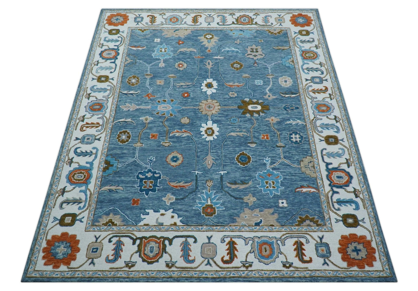 Allure Custom Made Modern Oushak Blue And Ivory Hand Tufted Wool Rug