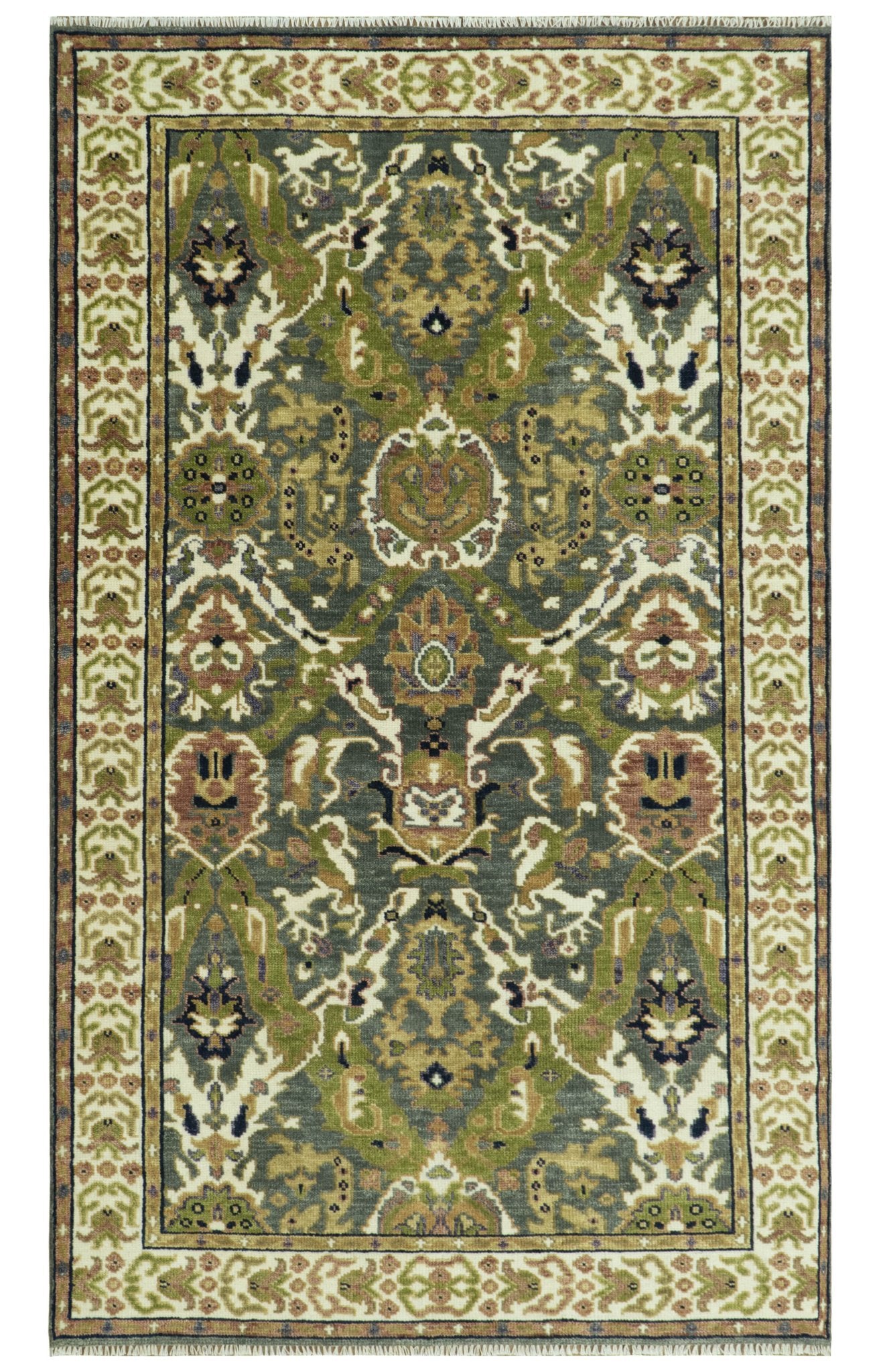 Antique look Hand knotted Green, Ivory and Gray Traditional Large design Multi Size wool Area Rug