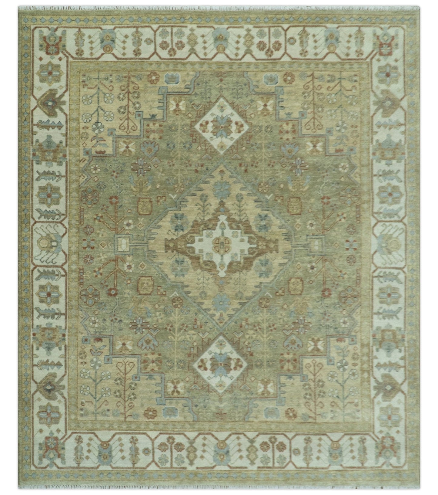 Antique Look Hand Knotted Medallion Olive and Ivory Vintage Style Wool Rug