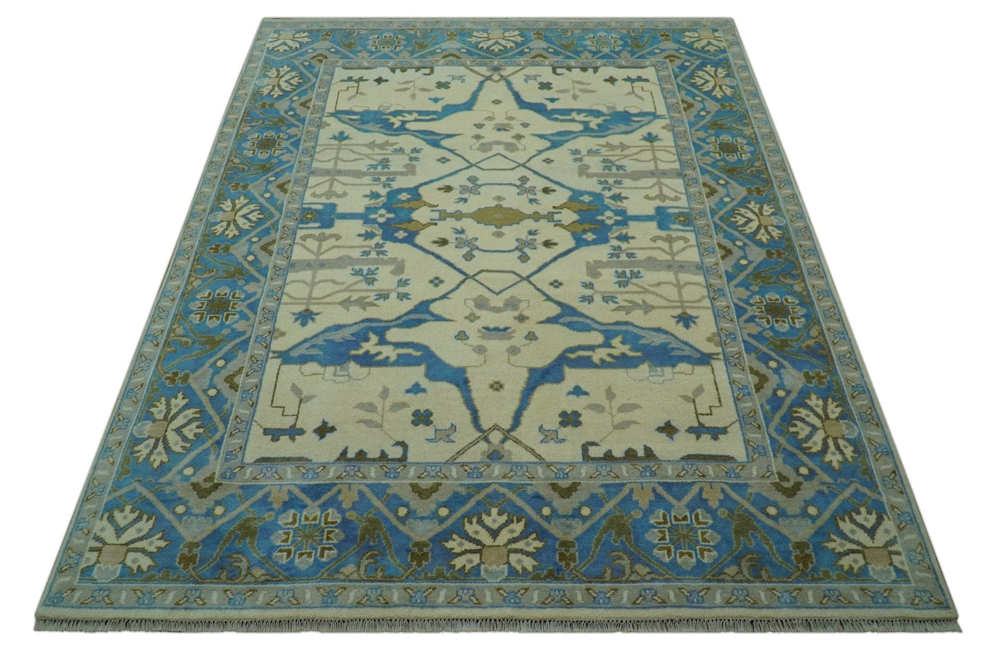 Beige and Blue Hand Knotted Oushak Custom Made wool Rug