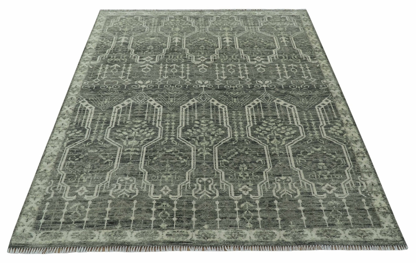 Custom Made Beige And Green Modern Geometrical Design Hand Knotted wool rug