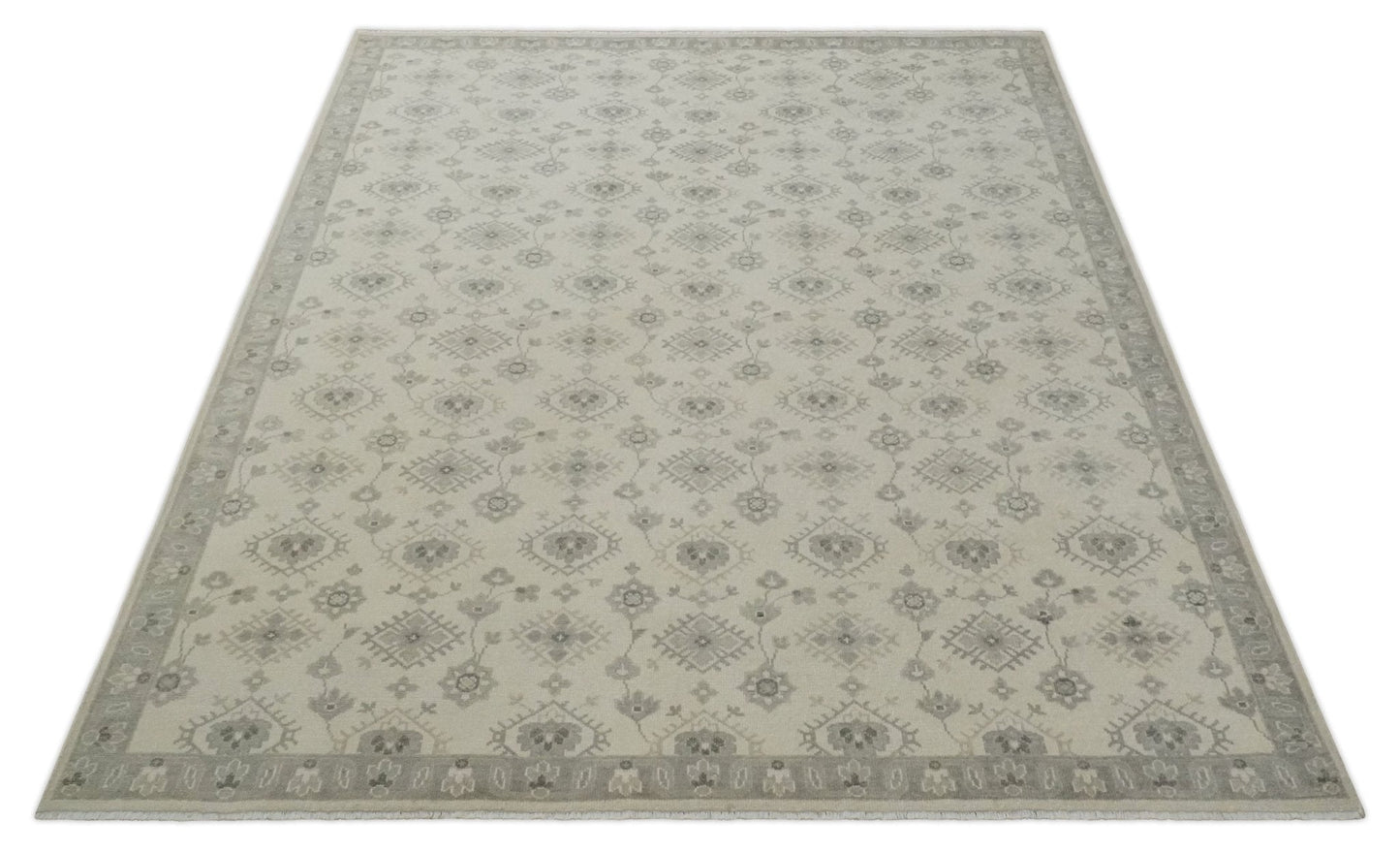 Custom Made Fine Hand Knotted Ivory and Charcoal Style Hand knotted Wool Area Rug