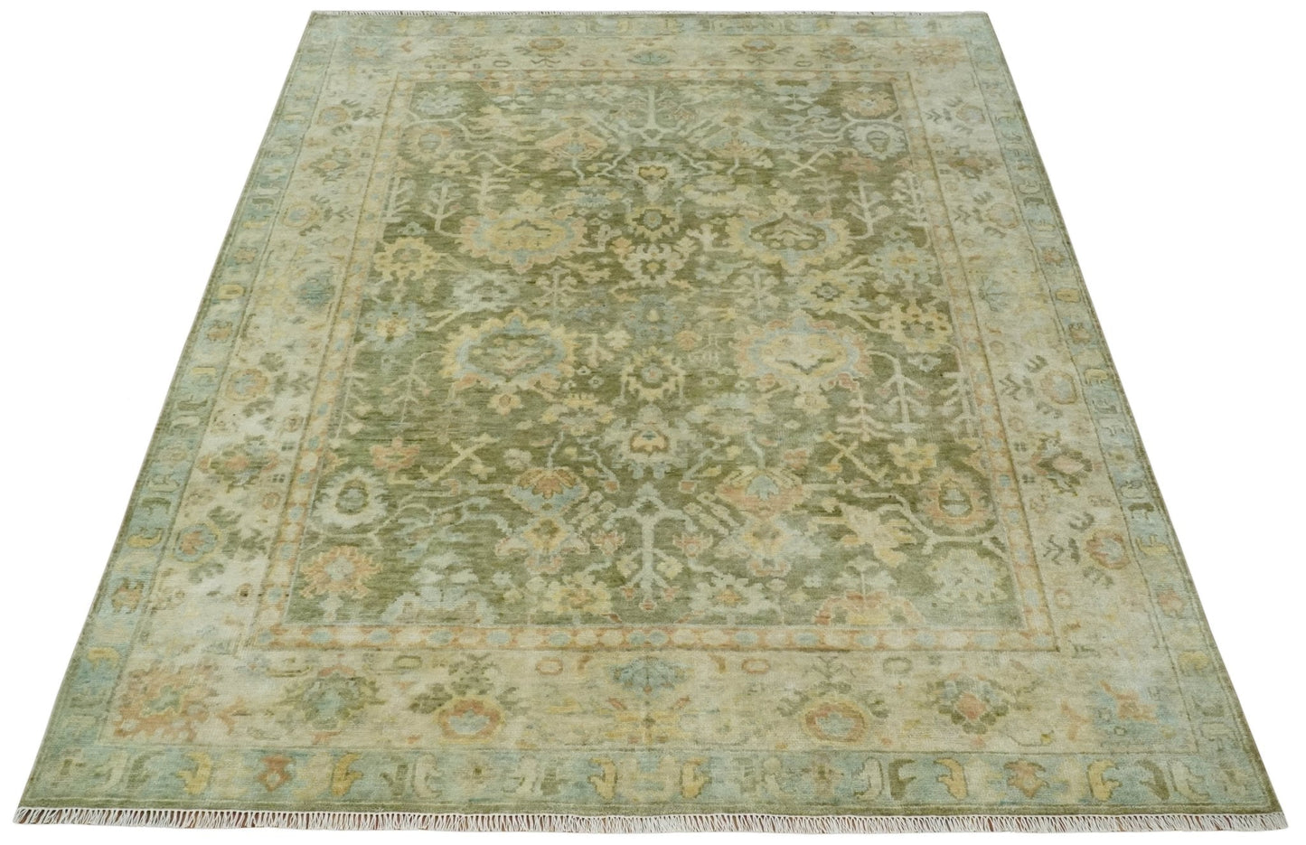 Custom Made Hand Knotted Antique Finish Green, Aqua and Beige Traditional Wool Rug