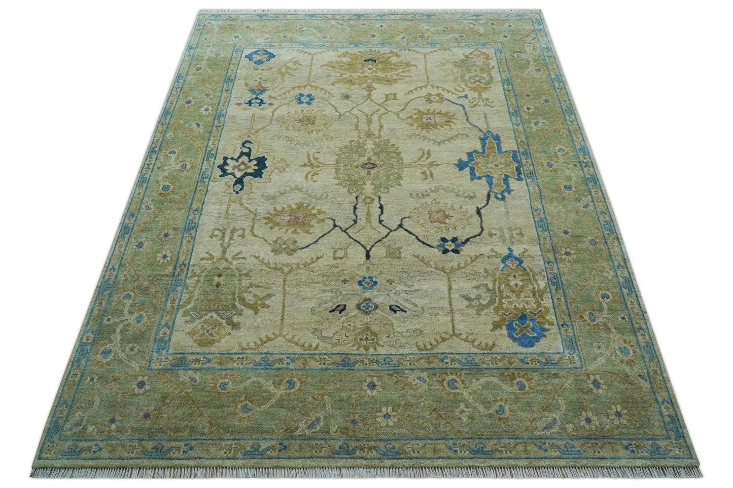 Custom Made Hand Knotted Beige and Blue Traditional Turkish Wool Rug