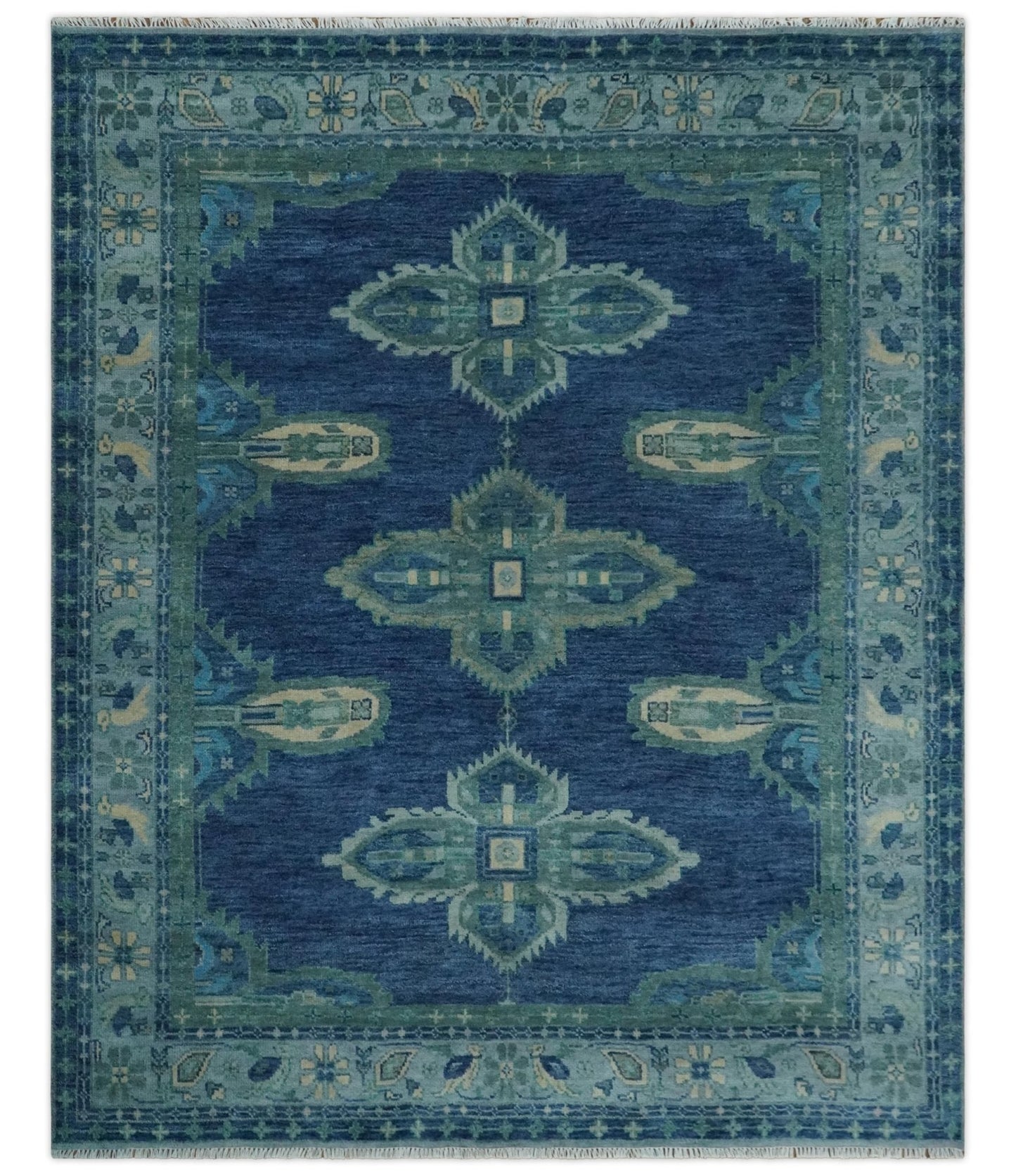 Custom Made Hand Knotted Blue and Silver Traditional Antique Style Wool Rug