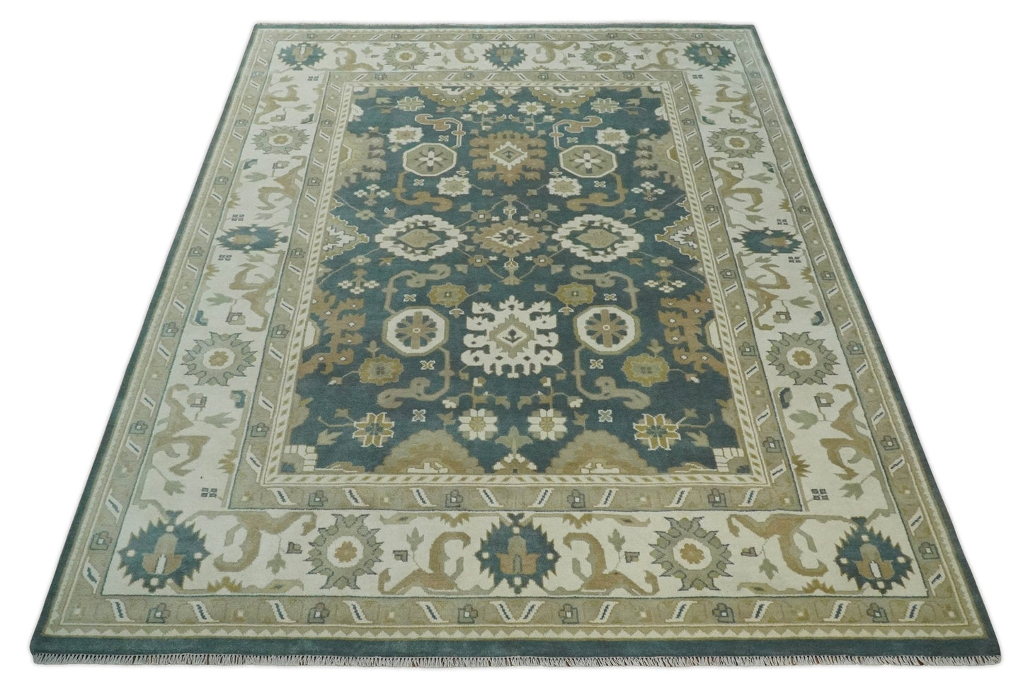 Custom Made Hand Knotted Dark Teal, Ivory and Beige Traditional Multi Size Oushak Wool Rug