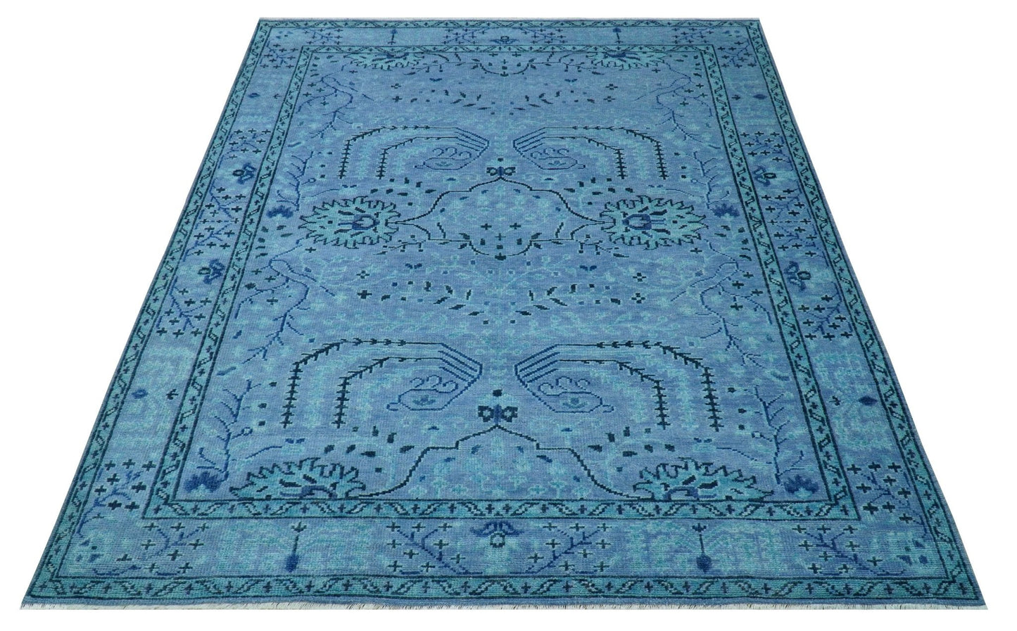 Custom Made Oriental Design Blue Hand Knotted Wool Rug