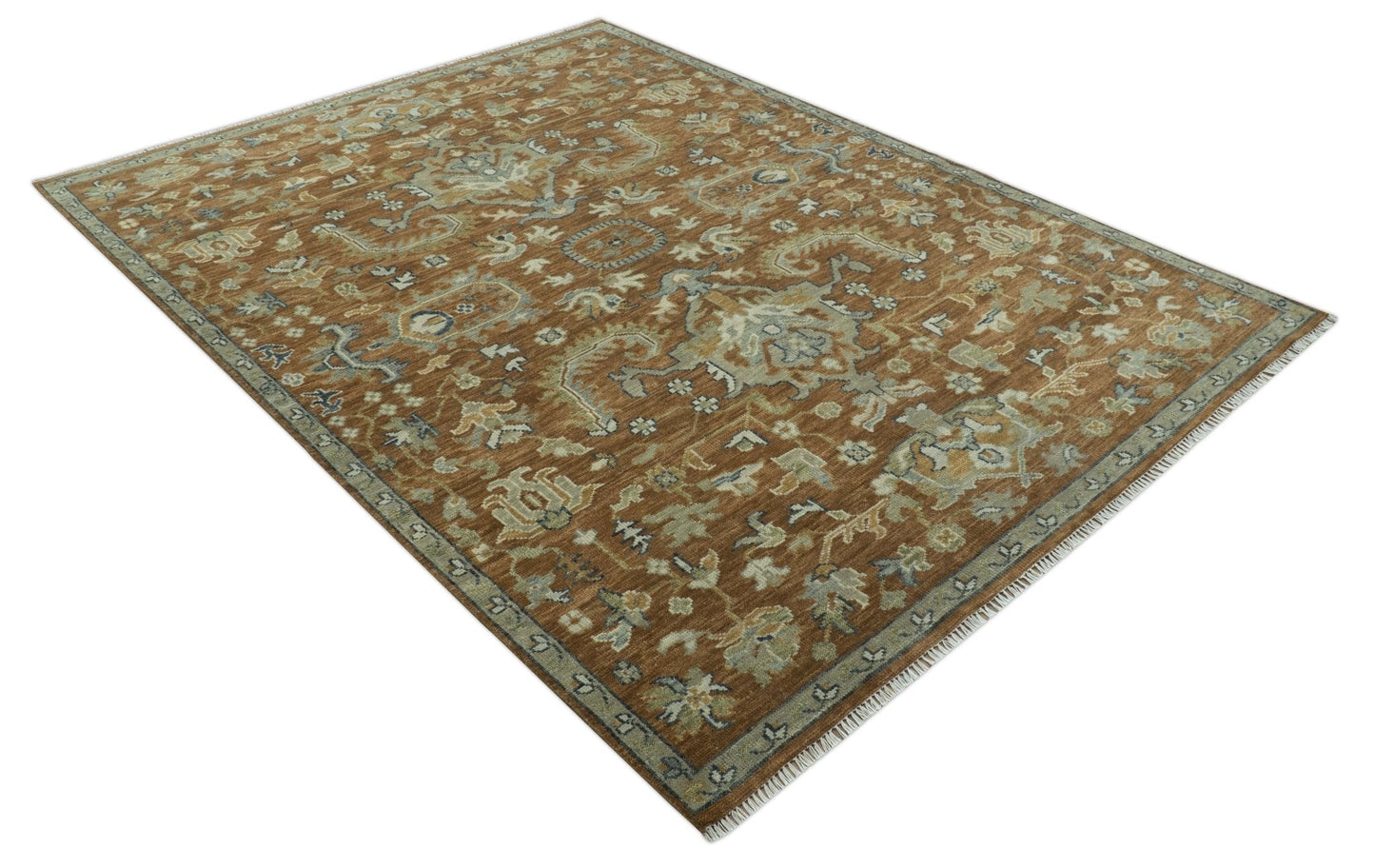 Custom Made Rust, Beige And Blue Traditional Hand Knotted wool rug