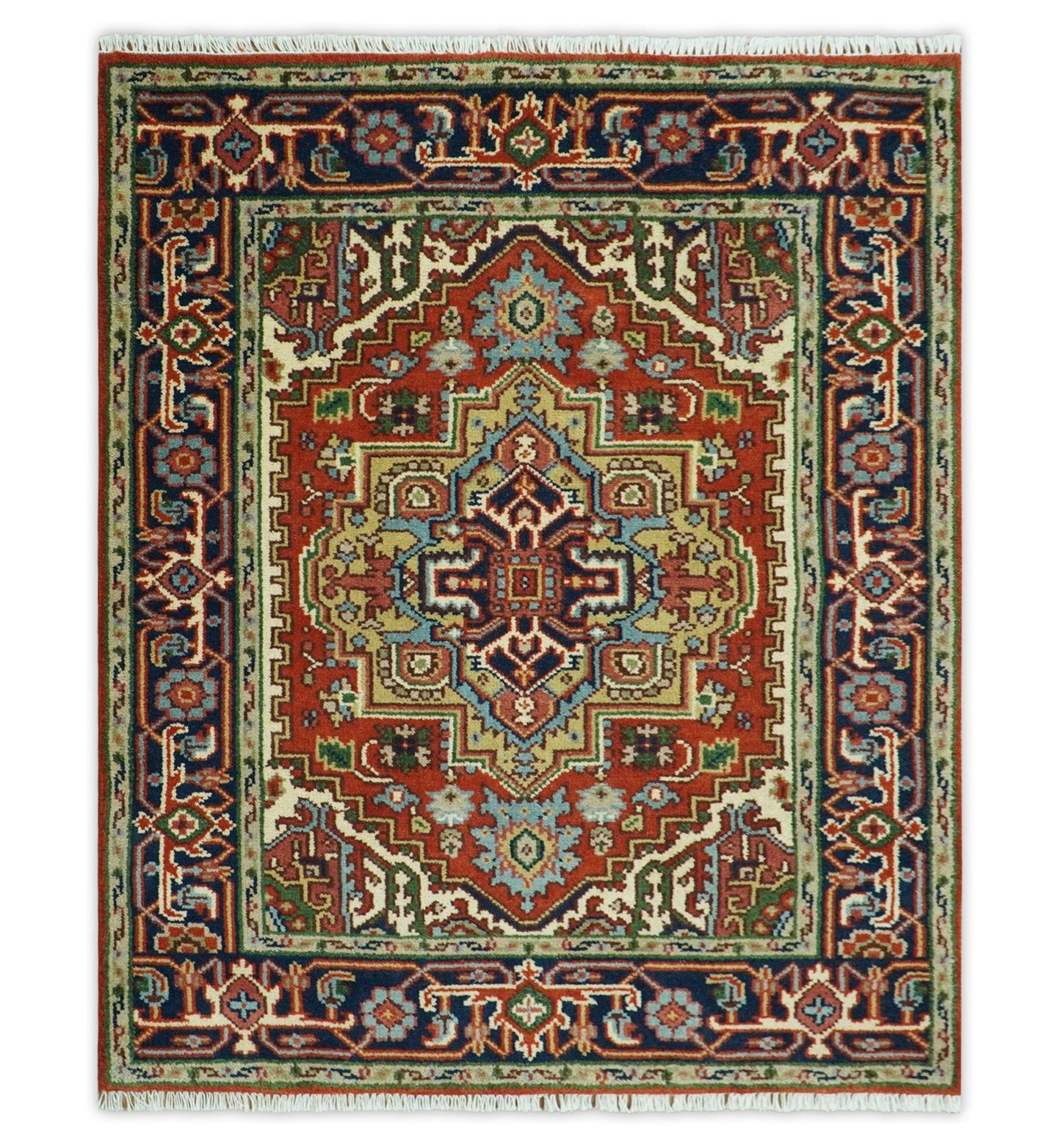 Custom Made Rust, Mustard, Ivory and Blue Hand Knotted Traditional Wool Area Rug