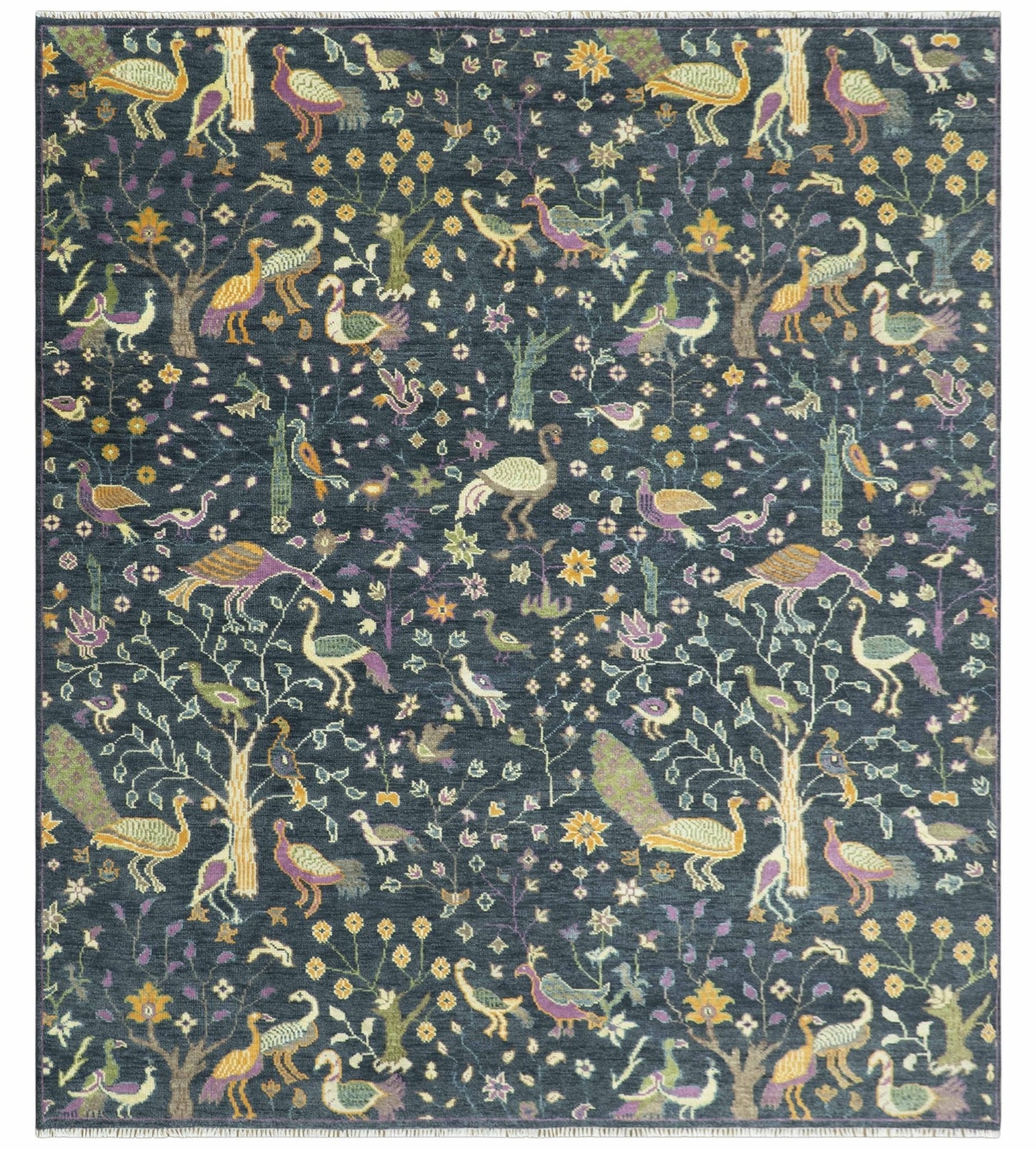 Custom Made The Jungle Life Peacock on tree Rug Hand Knotted Blue and Green Wool Rug