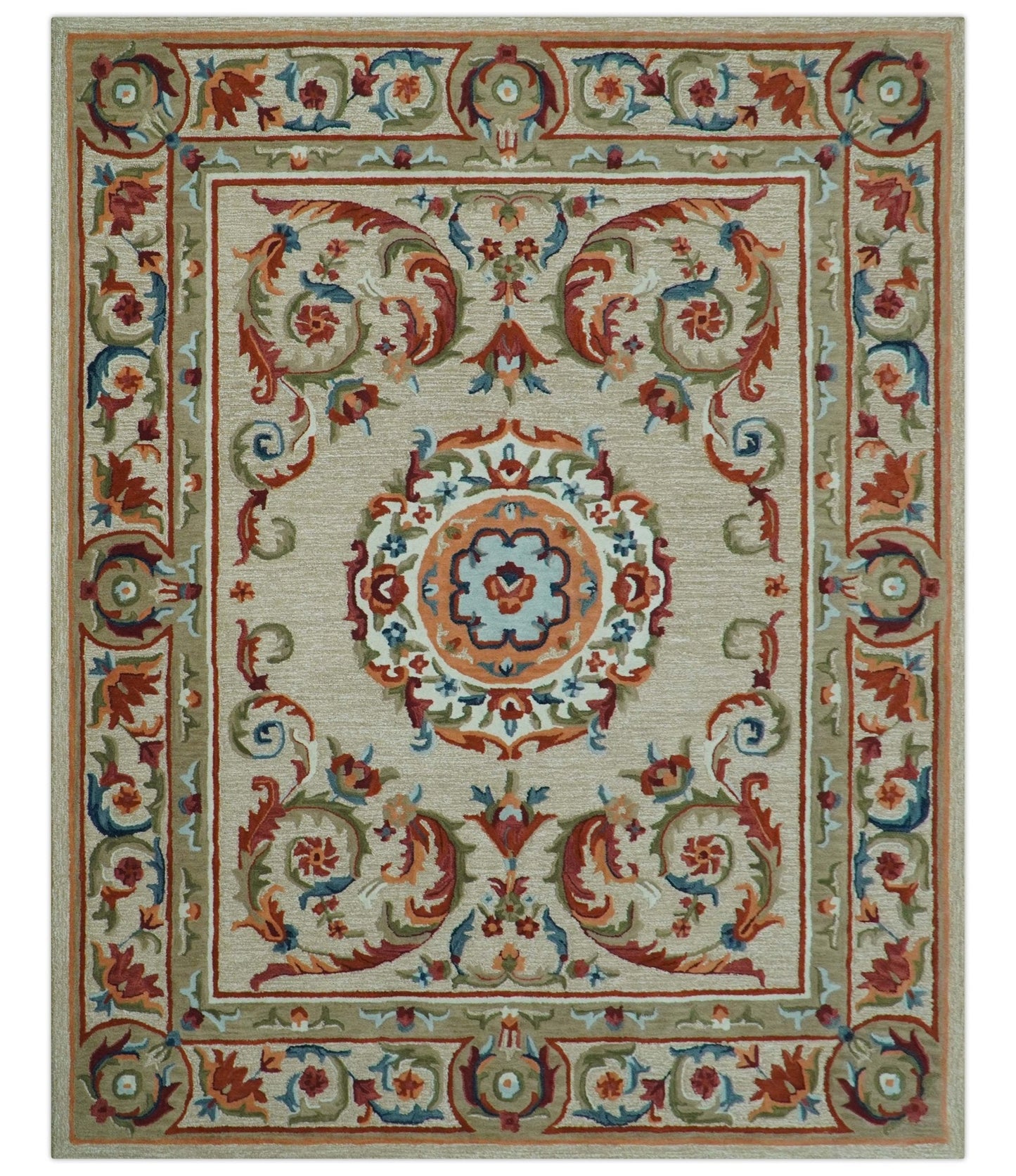 Custom Made Traditional Aubusson Design Beige And Brown Hand Tufted Wool Area Rug