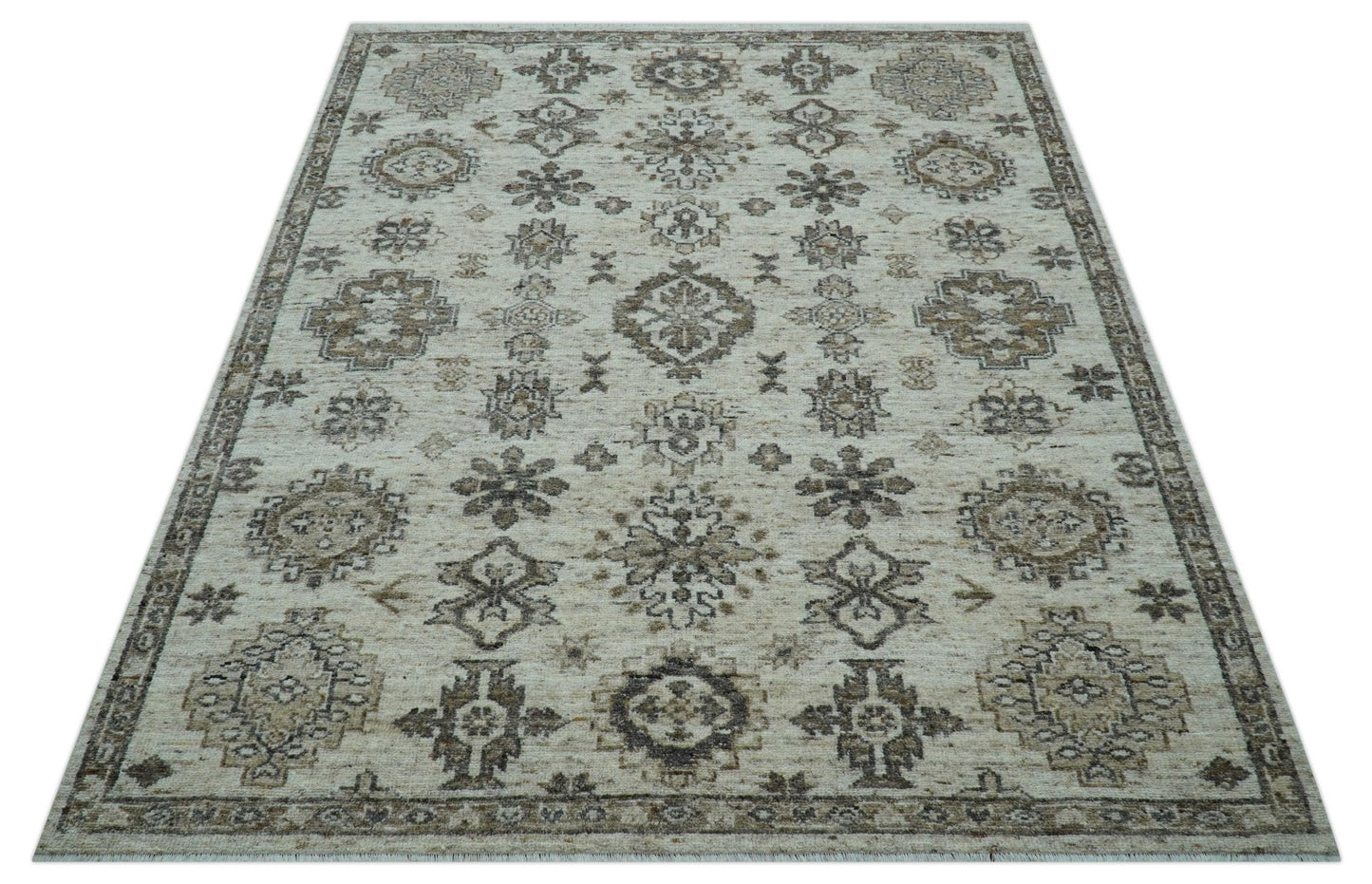 Custom Made Traditional Turkish Design Beige Hand Knotted Natural Wool Area Rug