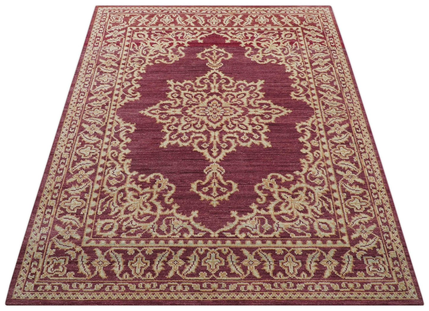 Custom Made Traditional Turkish Maroon And Beige Hand Knotted Wool Rug