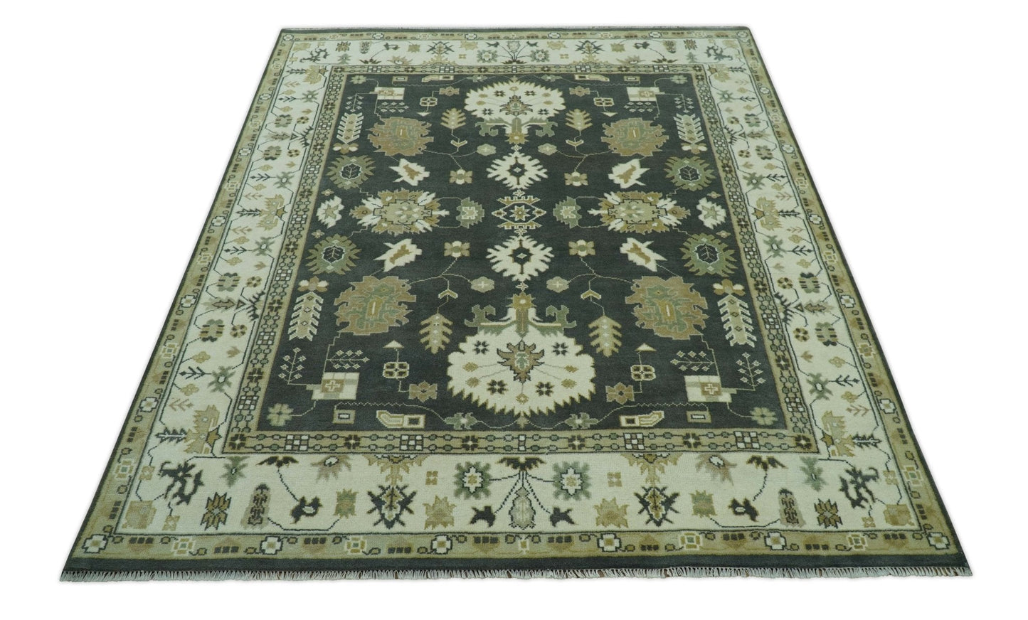Gray And Beige Oushak Hand Knotted Custom Made Wool Rug