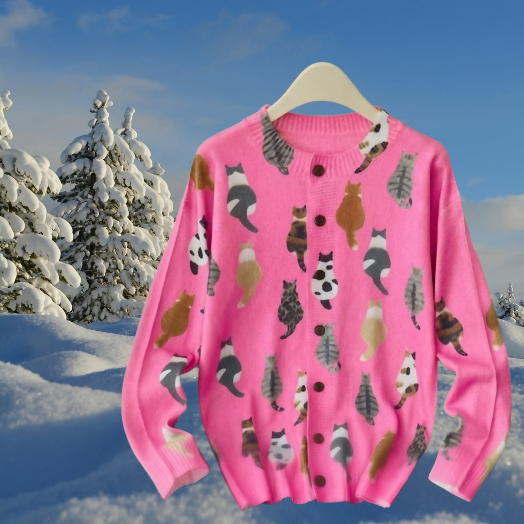 Anytime Crystals Bright Pink Cat Print Long Sleeve Cardigan