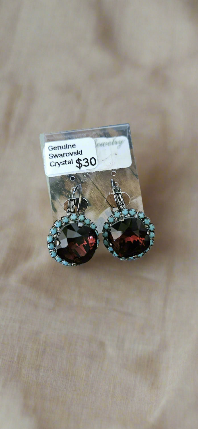 Anytime Crystals 12mm Smoky Quartz Earrings with a turquoise halo