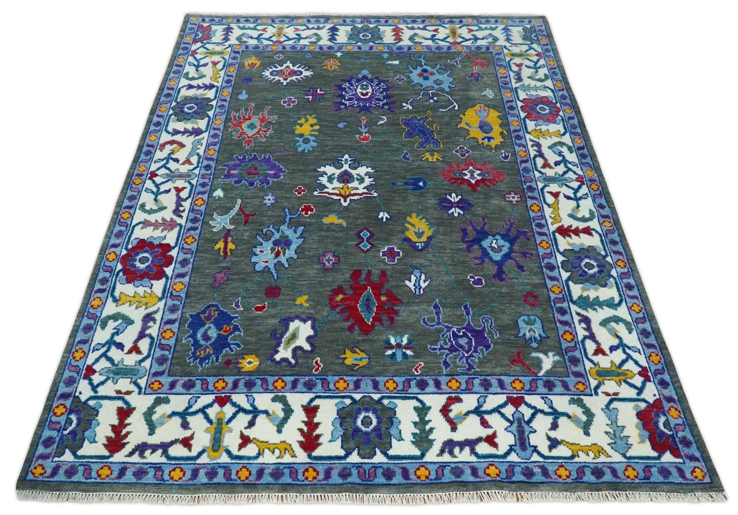 Hand Knotted Charcoal and Ivory Traditional Persian Oushak Wool Rug