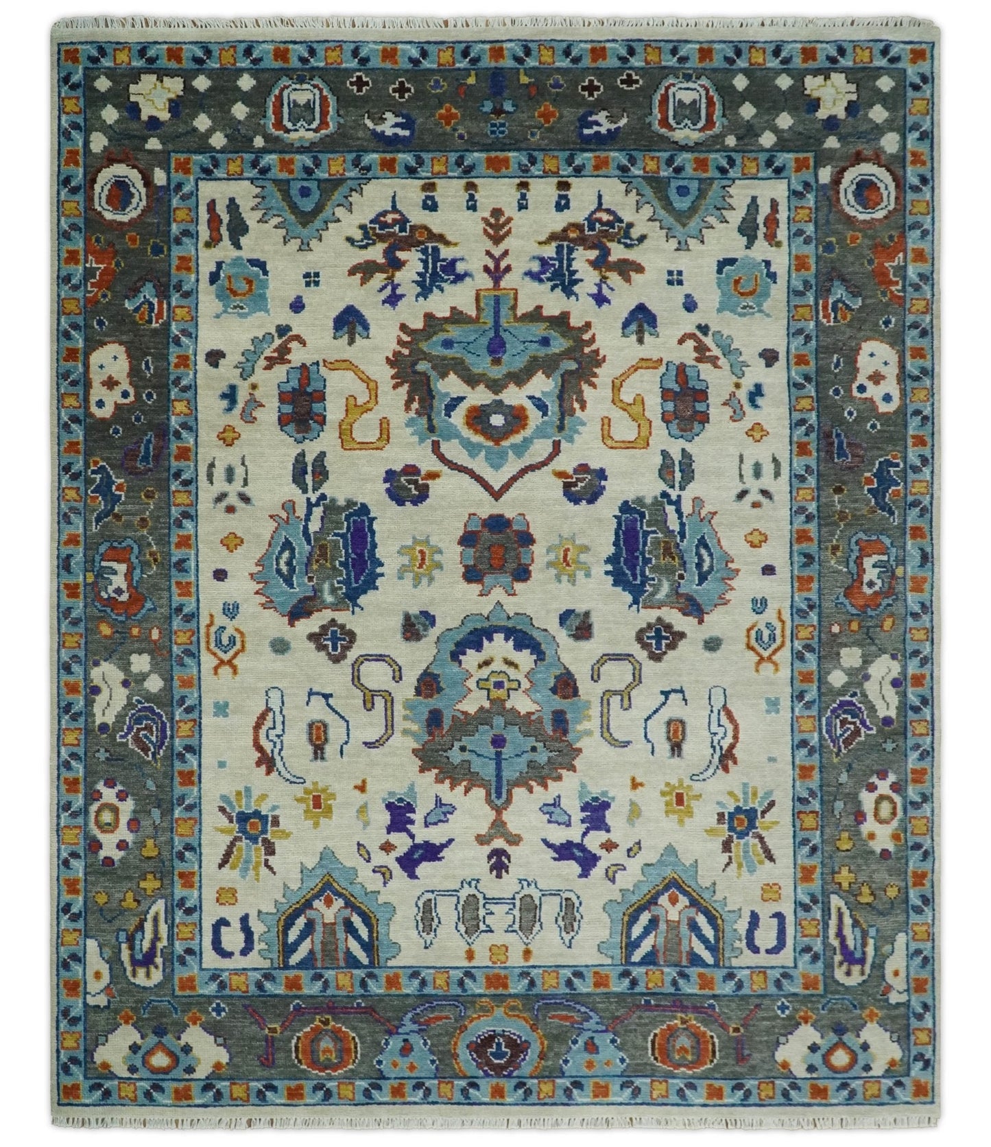 Vibrant Colorful Hand Knotted Ivory, Charcoal and Blue Traditional Oushak Multi size Wool Area Rug