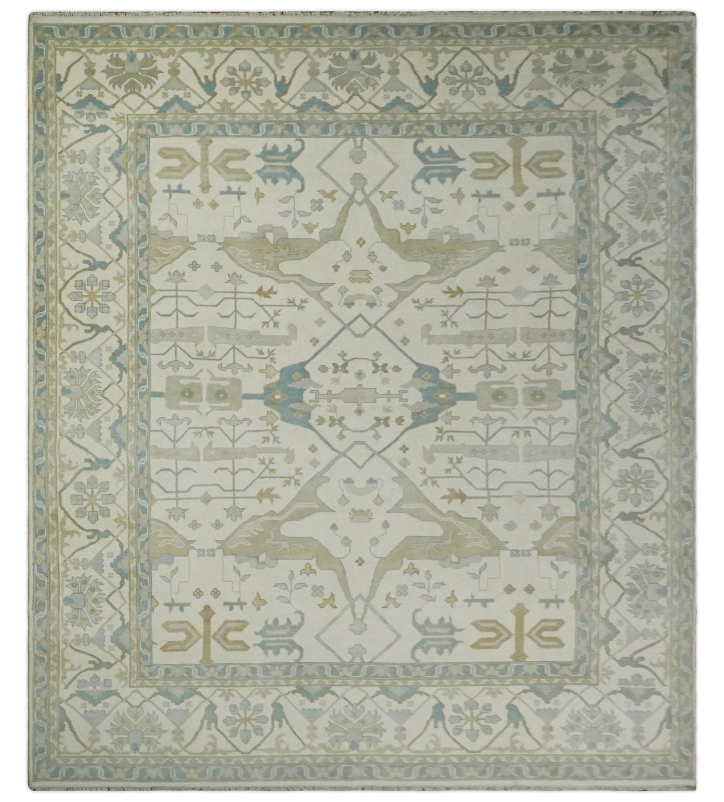 Custom Made Hand Knotted Oriental Oushak Ivory and Blue Wool Area Rug