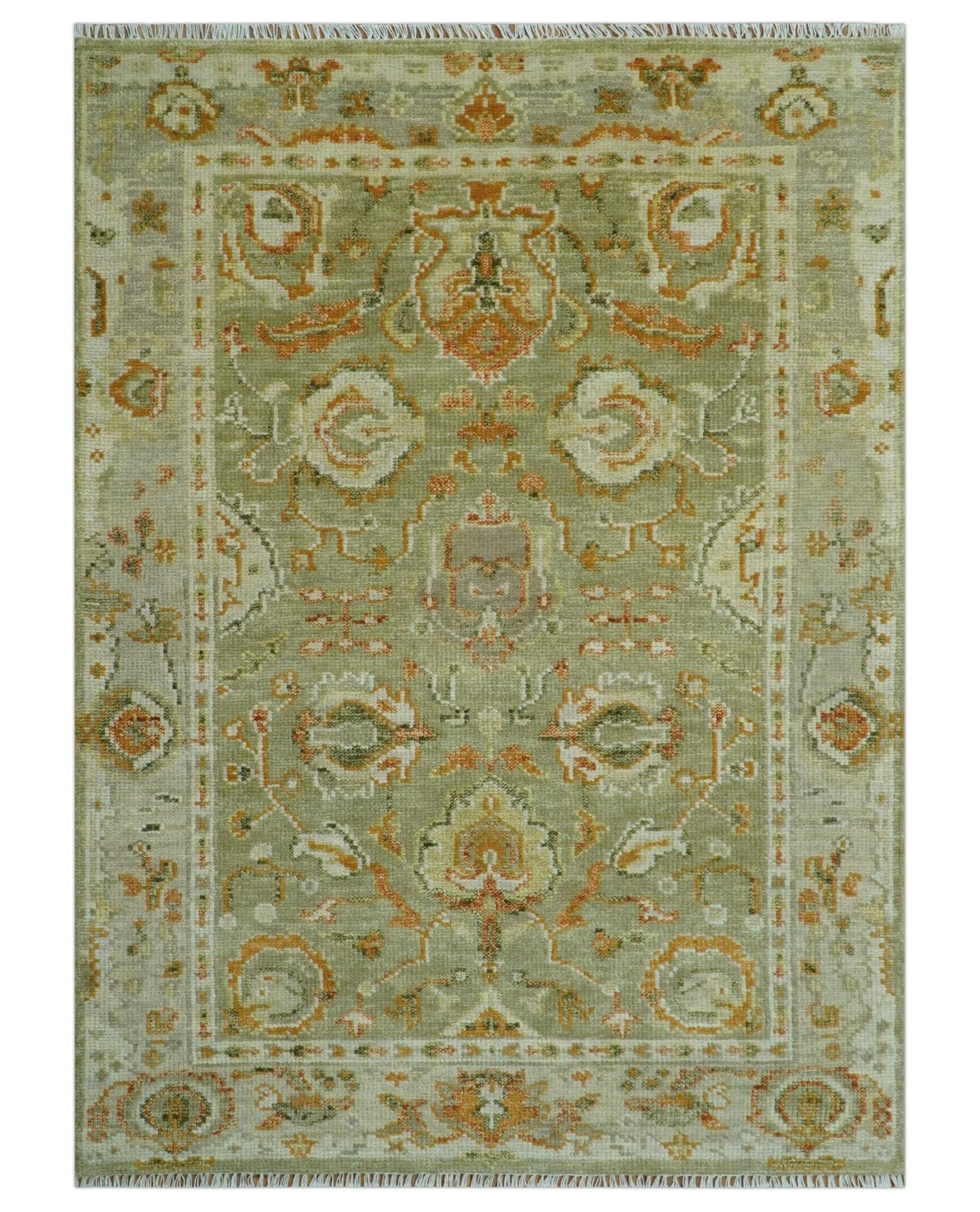 Hand Knotted Antique Olive and Ivory Traditional Persian Vintage Oushak Wool Rug | TRDCP707