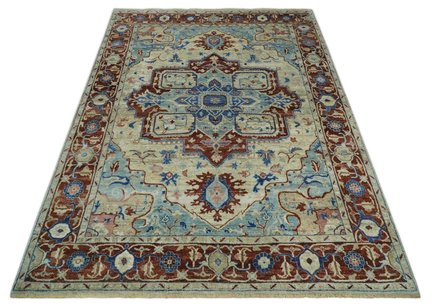 Hand Knotted Blue, Ivory and Rust Antique Persian Heriz Serapi Wool Rug, 5x8, 6x9, 8x10 and 9x12 Living Room Rug | TRD2559