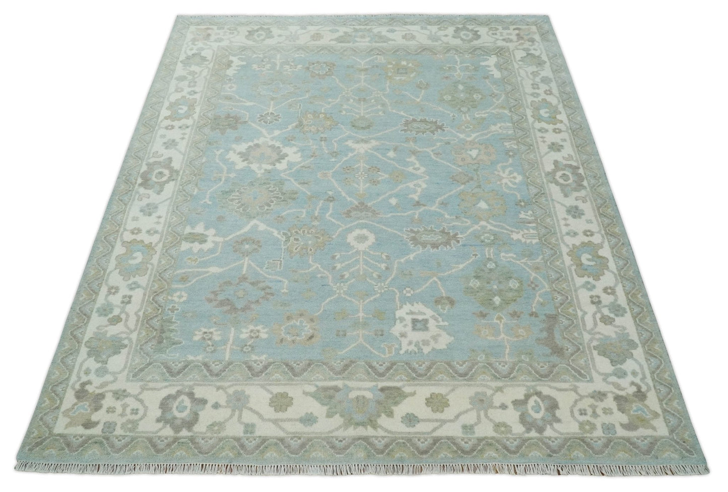 Hand Knotted Custom Made Oriental Oushak Aqua, Ivory and Beige Wool Area Rug