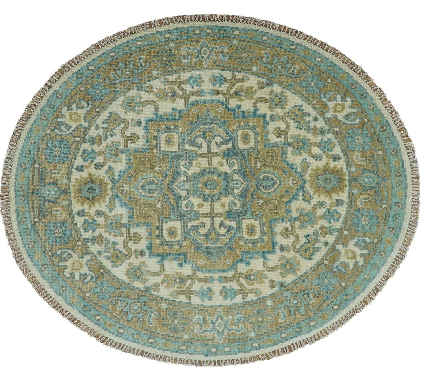 Ivory, Olive and Teal Hand Knotted Traditional Heriz Custom Made wool area rug