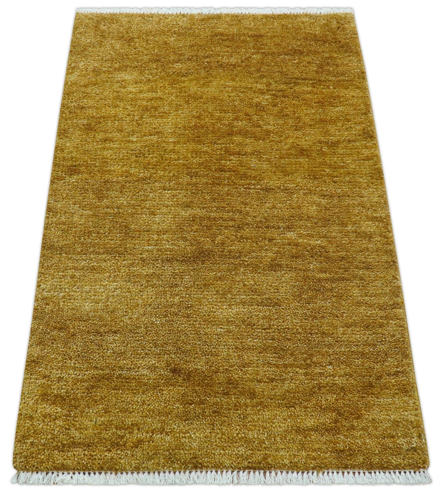 Modern Solid Design Gold Hand Knotted Wool Area Rug
